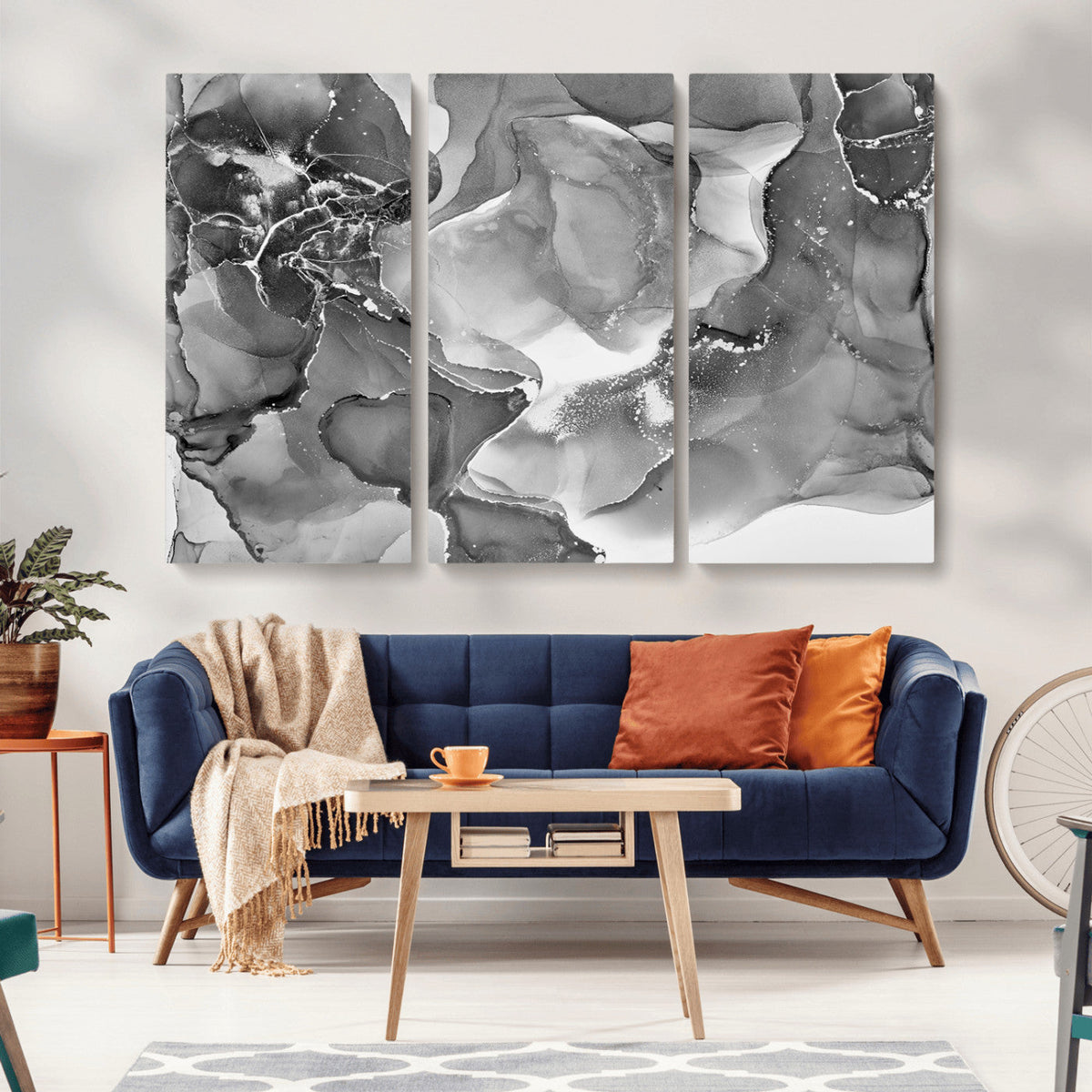 Black White Abstract Canvas Wall Art - Fluid Ink Artwork -