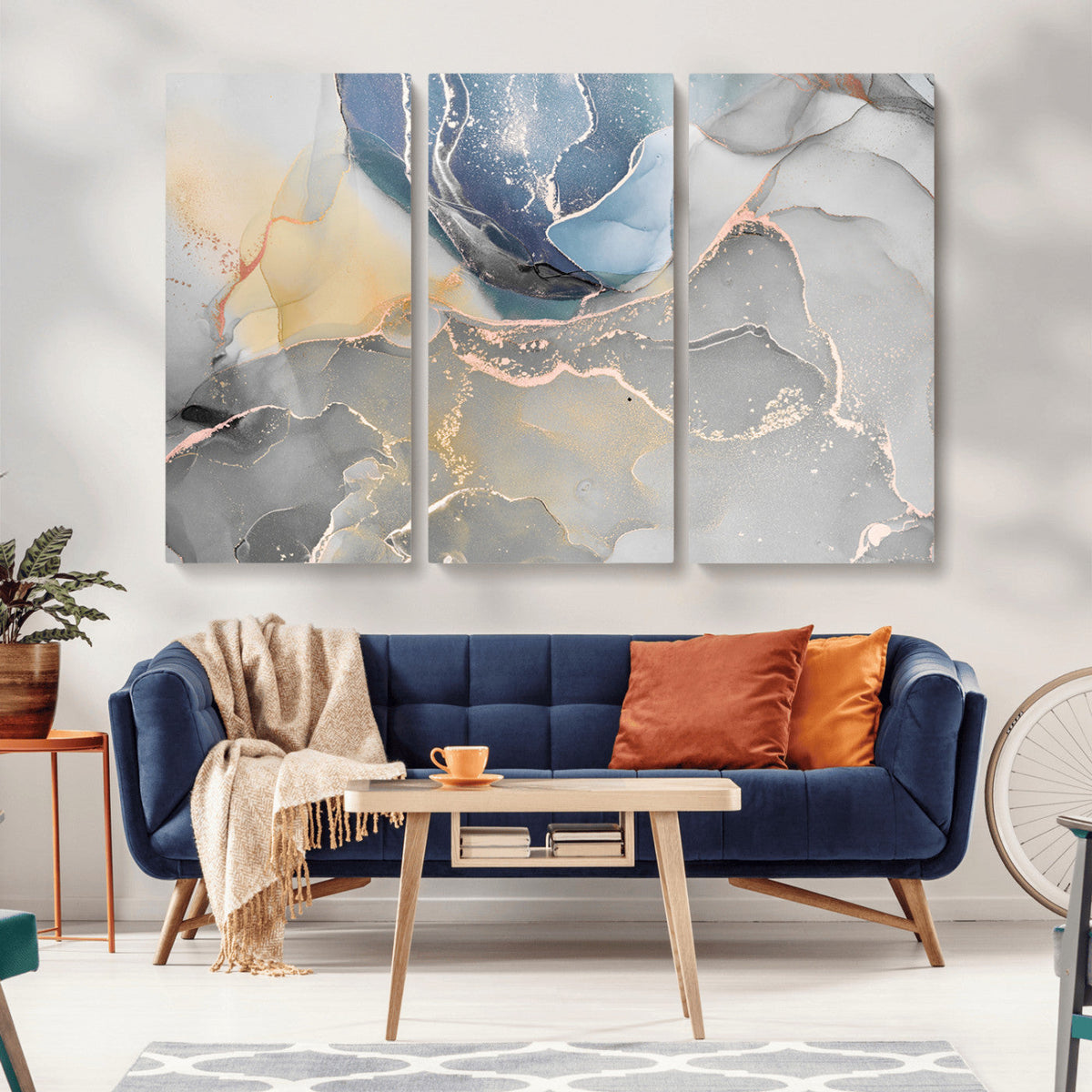 Large Abstract Blue and Gold Canvas Wall Art | Fluid Ink