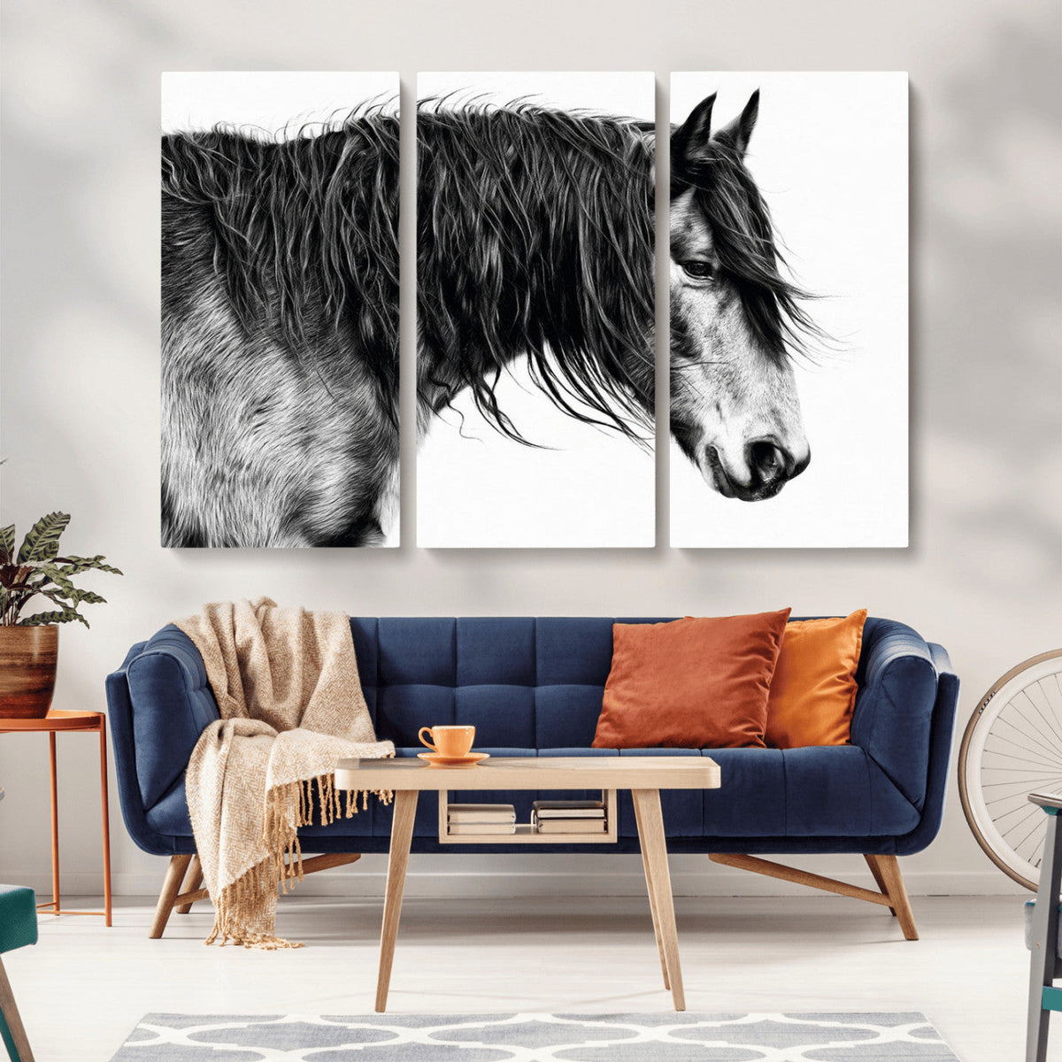 Majestic Horse Wall Art – Framed Black White Portrait Canvas