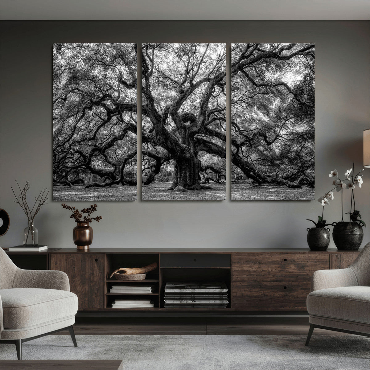 Black and White Old Angel Oak Tree Wall Art Canvas Print