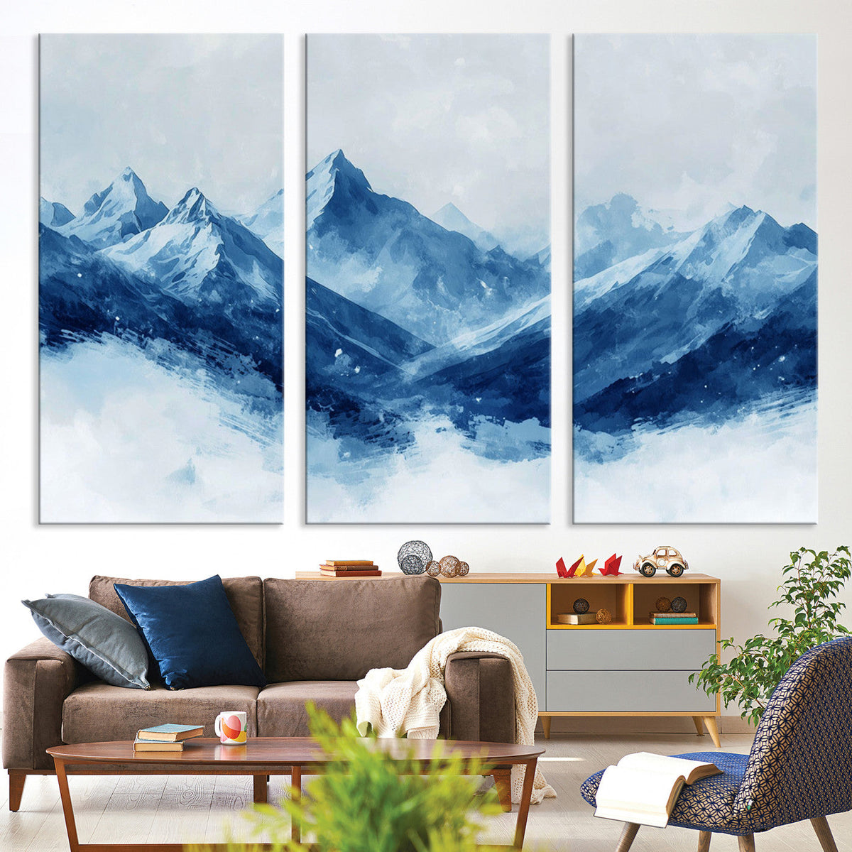 Blue Mountains Wall Art – Framed Snowy Range Canvas Artwork,