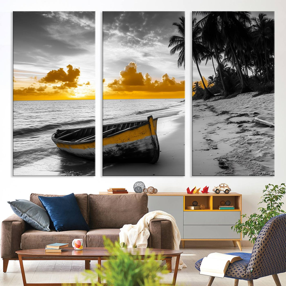 Yellow Rowboat Wall Art – Framed Tropical Shoreline Canvas