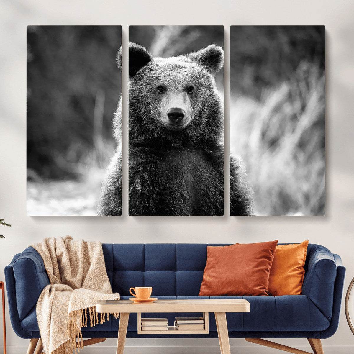 Grizzly Bear Wall Art Canvas Print – Framed Black White
