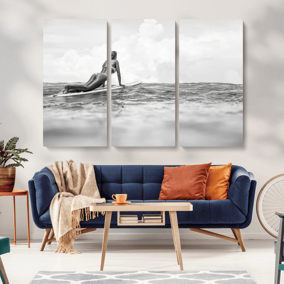 Black and White Surfing Wall Art Canvas Print – Framed Ocean