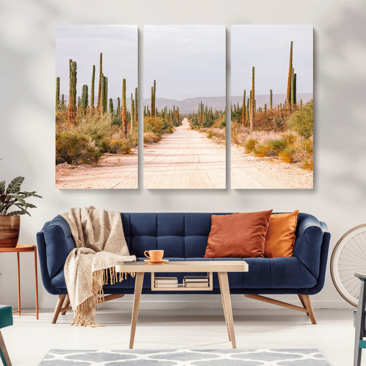 Desert Cactus Lined Road Wall Art Canvas Print – Framed