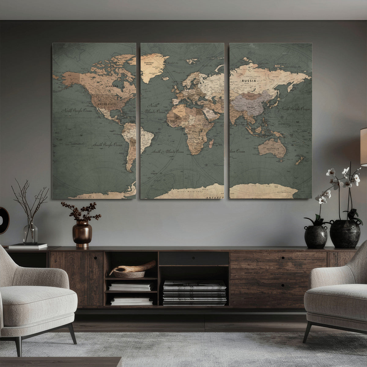 Rustic Black and Wood World Map Canvas Wall Art – Framed