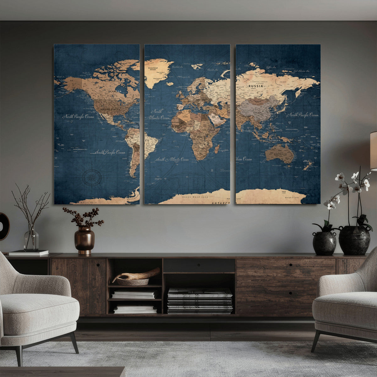 Navy Blue World Map Canvas Print – Framed Travel Map Wall