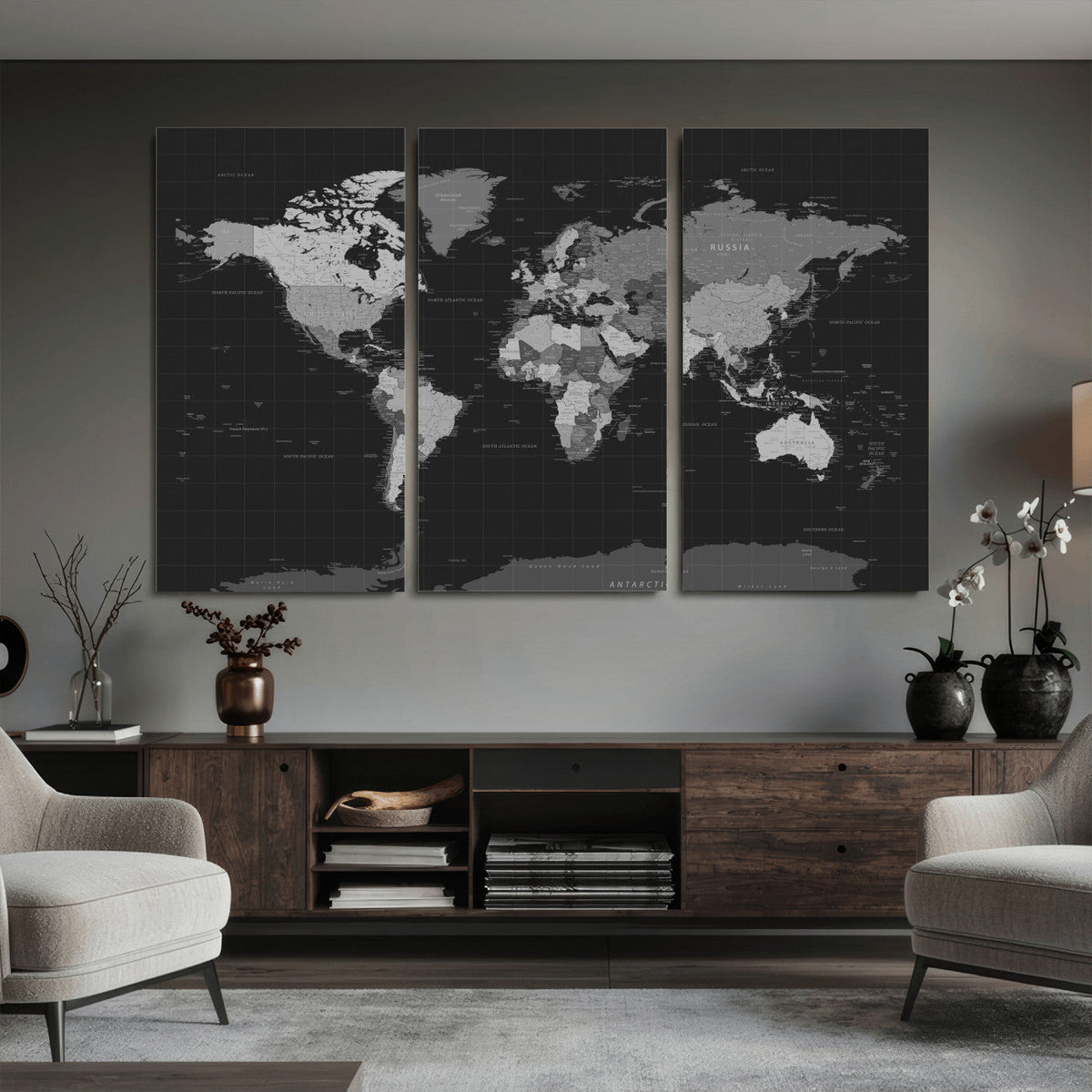 Black World Map Wall Art Canvas Print – Detailed Map of the