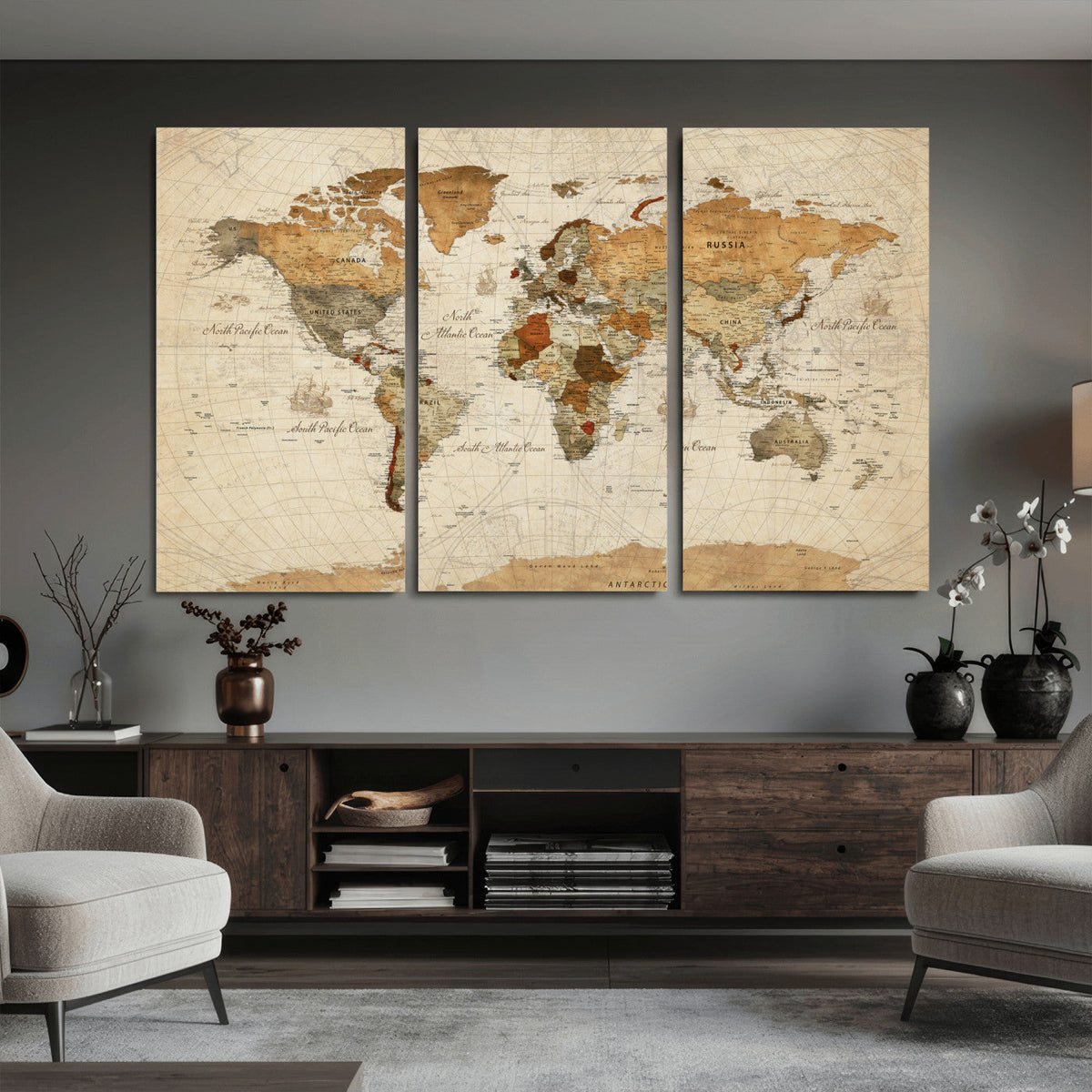 Rustic Vintage World Map Canvas Print – Framed Modern