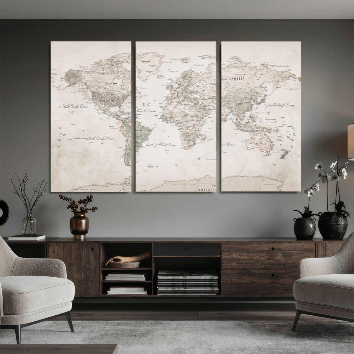 Antique Style World Map Canvas Print - Vintage Detailed