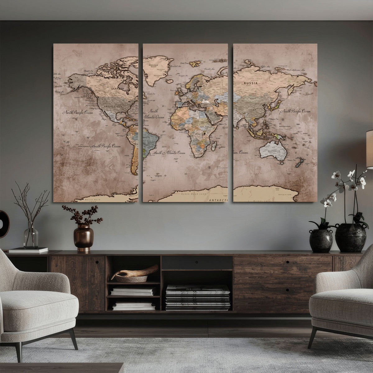 Grunge World Map Canvas Wall Art - Vintage Aged World Map