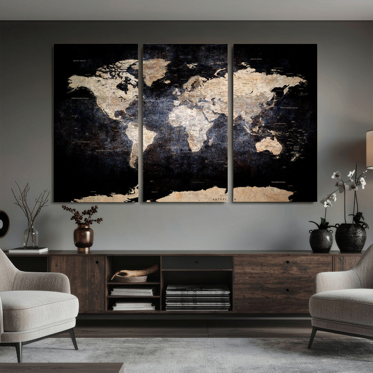 Grunge World Map Wall Art | 3-Panel Large Beige and Brown