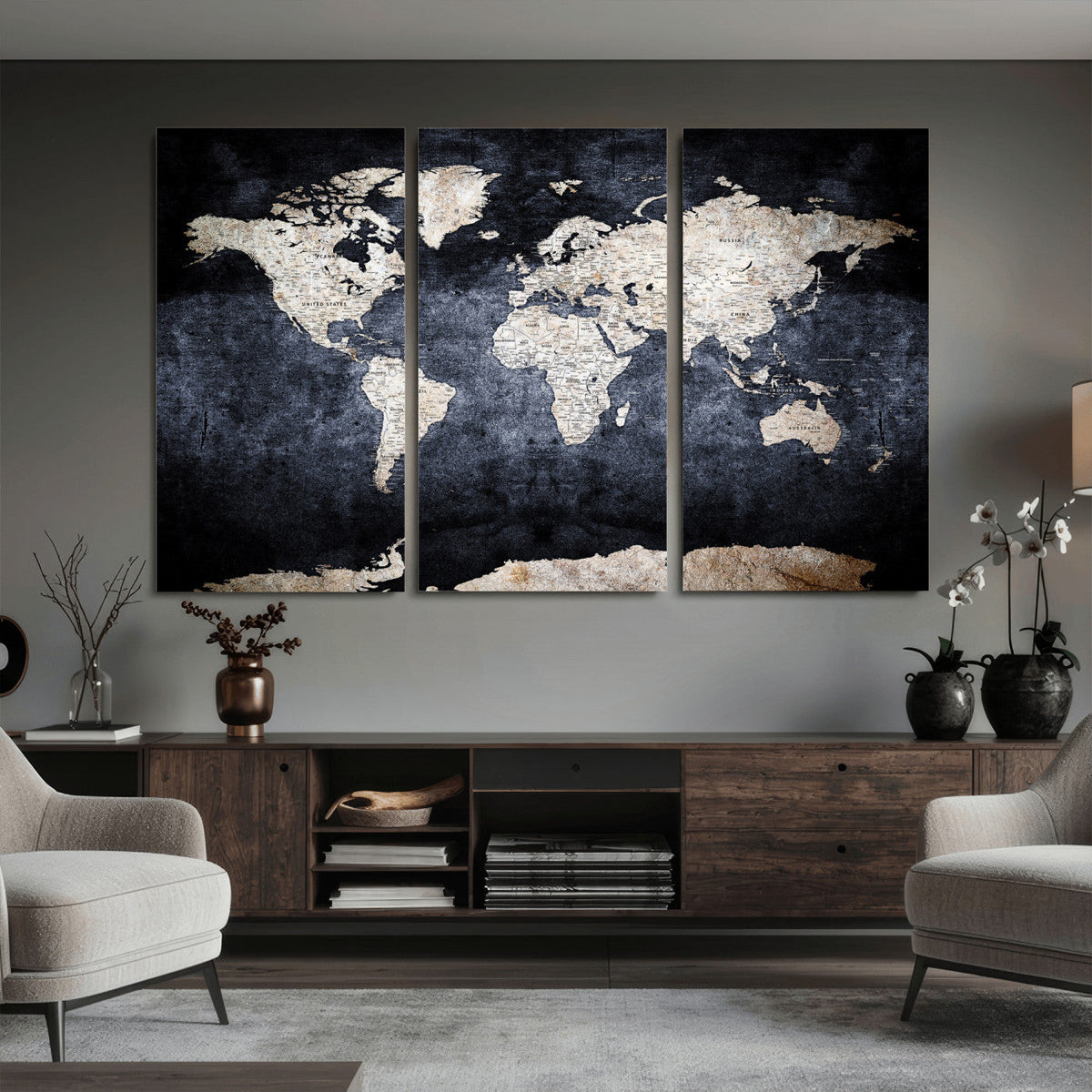 Vintage World Map Canvas Wall Art – Antique Triptych Map