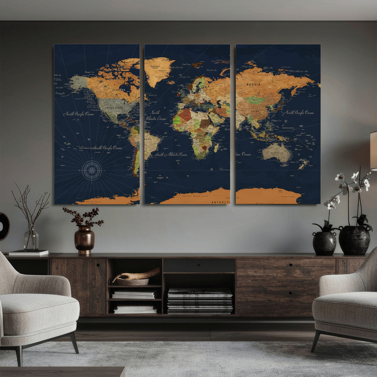 Modern World Map Canvas Print – Framed Detailed Map of the