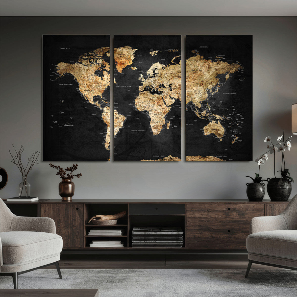 World Map Canvas Wall Art with Famous Landmarks – Framed