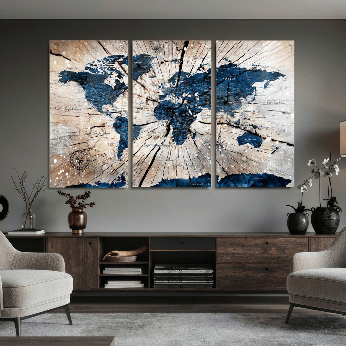 Rustic World Map Canvas Print – Framed Wall Art for Couples,