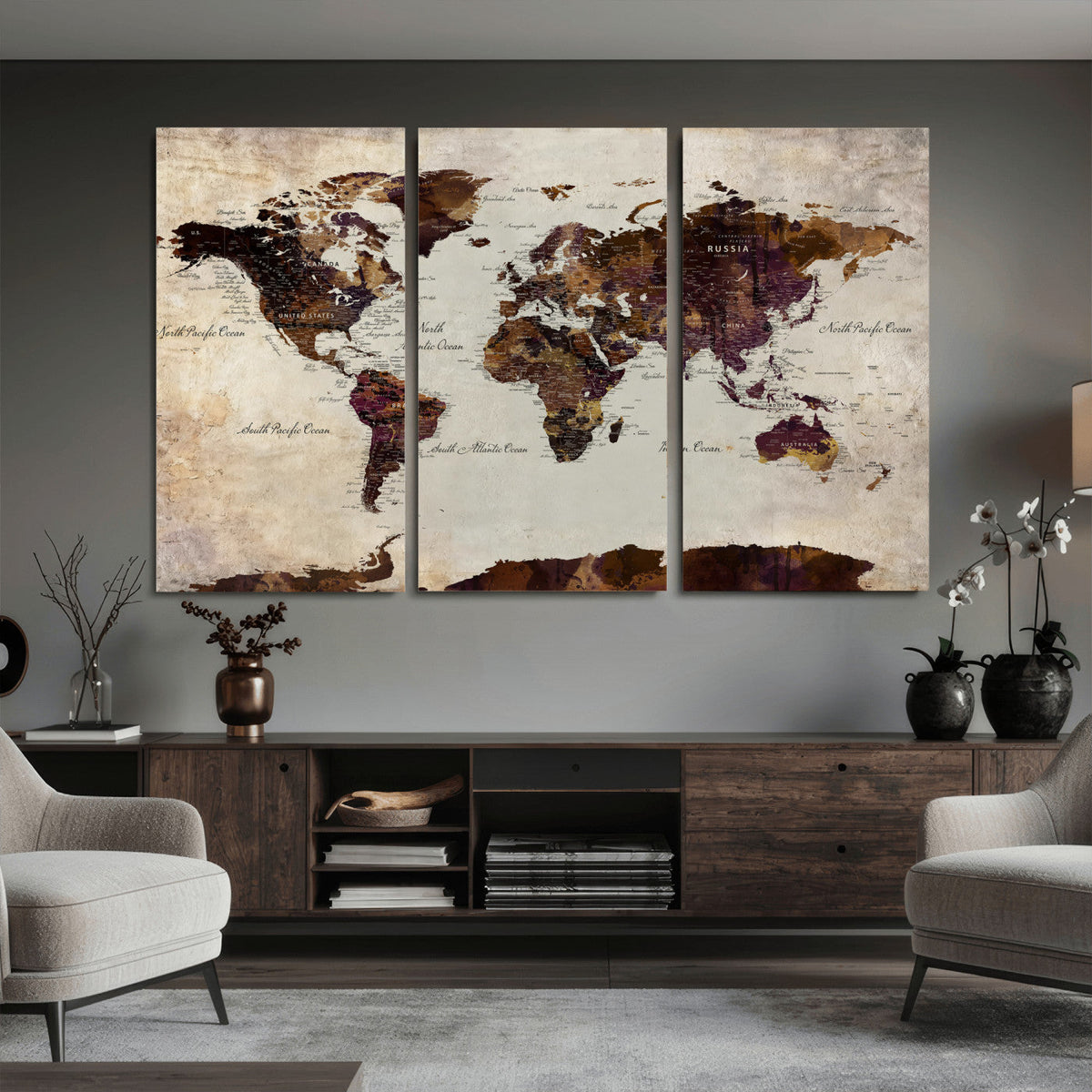 World Map Canvas Triptych – Colorful Global Wall Art for