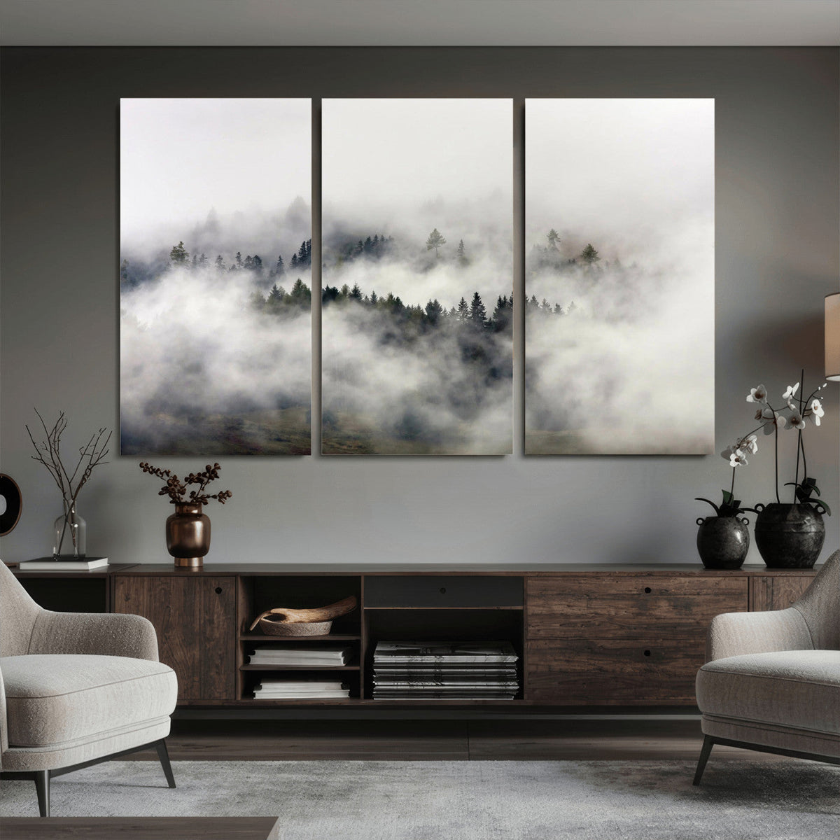 Foggy Forest Wall Art Canvas Print, Misty Pine Tree