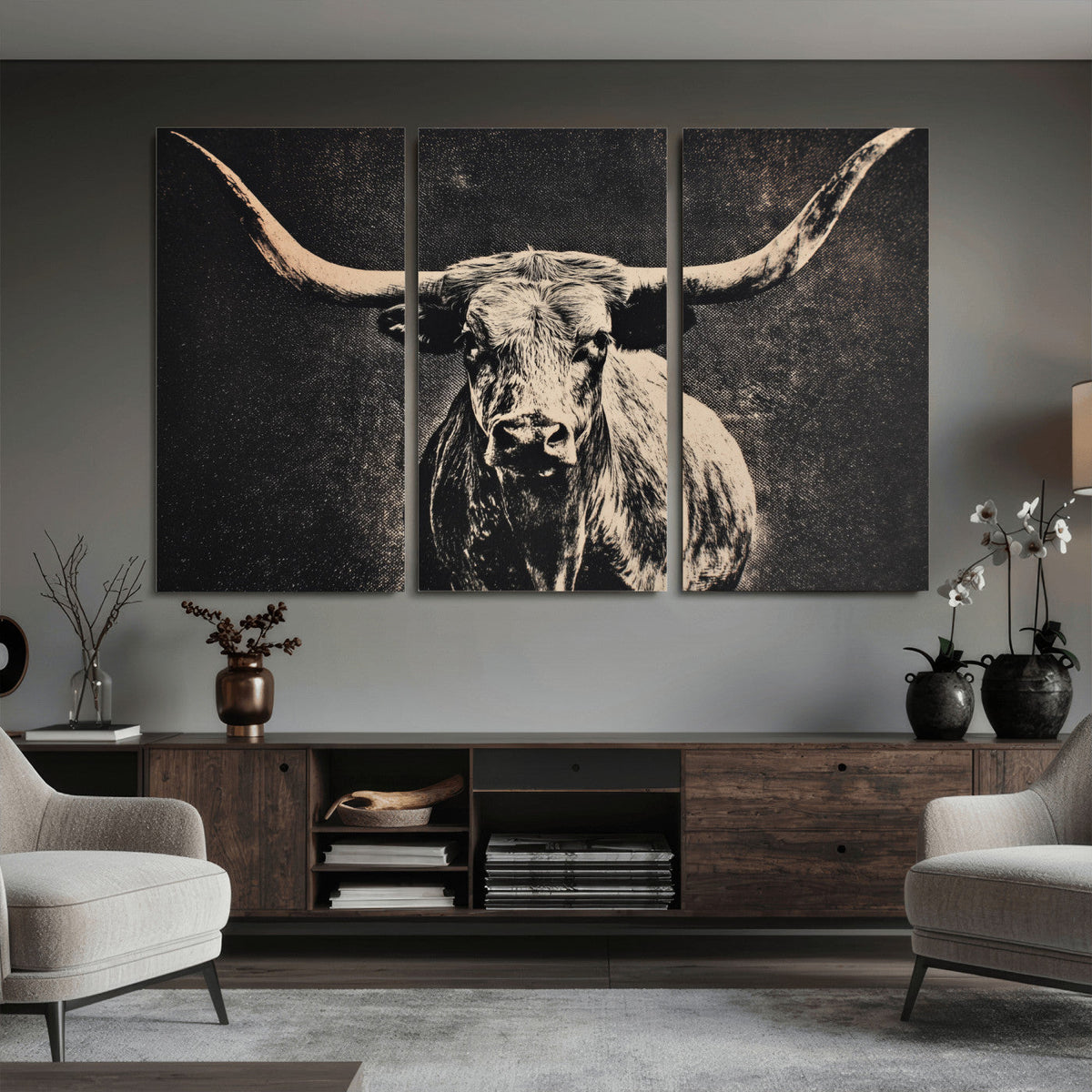 Vintage Texas Longhorn Bull Wall Art Canvas Print, Cow