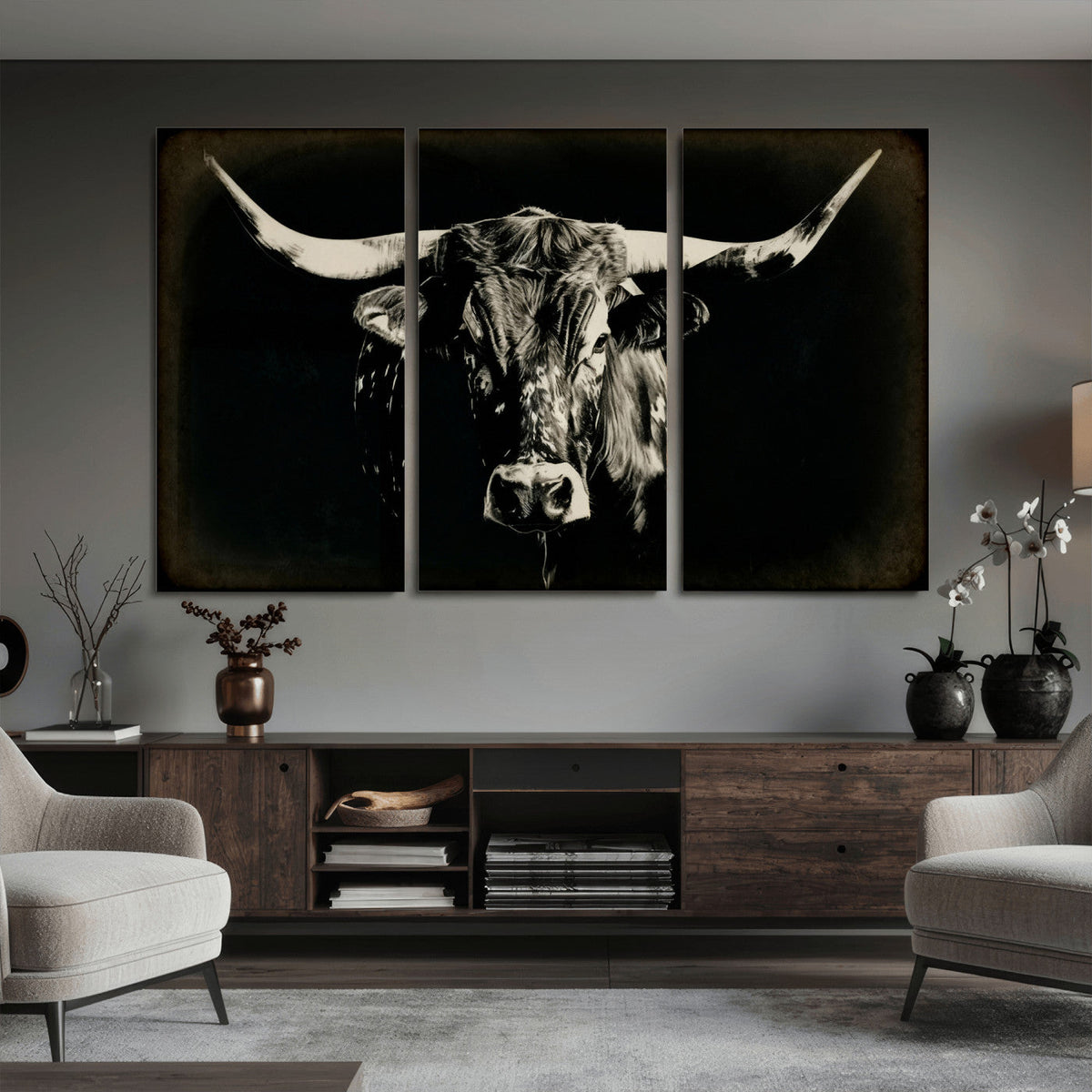 Black Bull Wall Art Canvas Print, Texas Longhorn Portrait