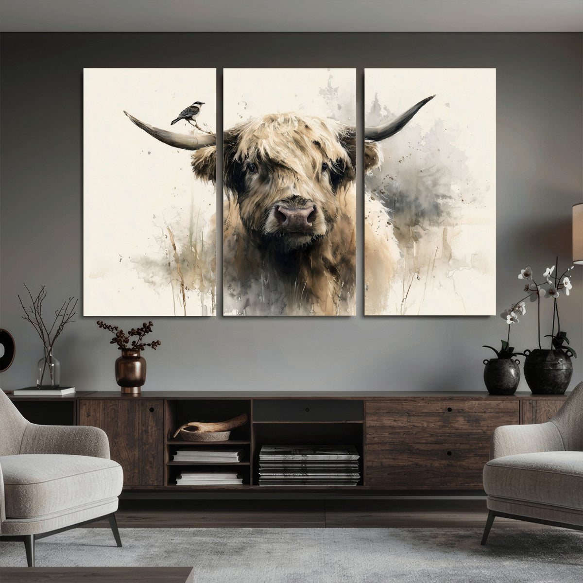 Abstract Highland Cow Wall Art Canvas Print, Rustic Farm
