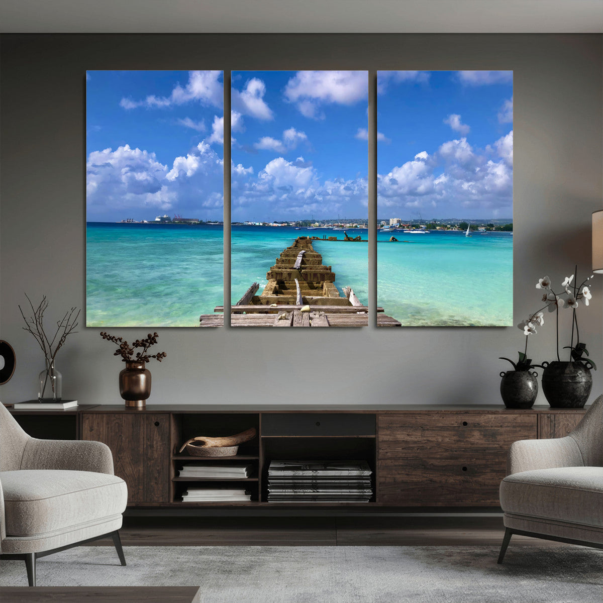 Caribbean Ocean Pier Seascape Wall Art Canvas Print,