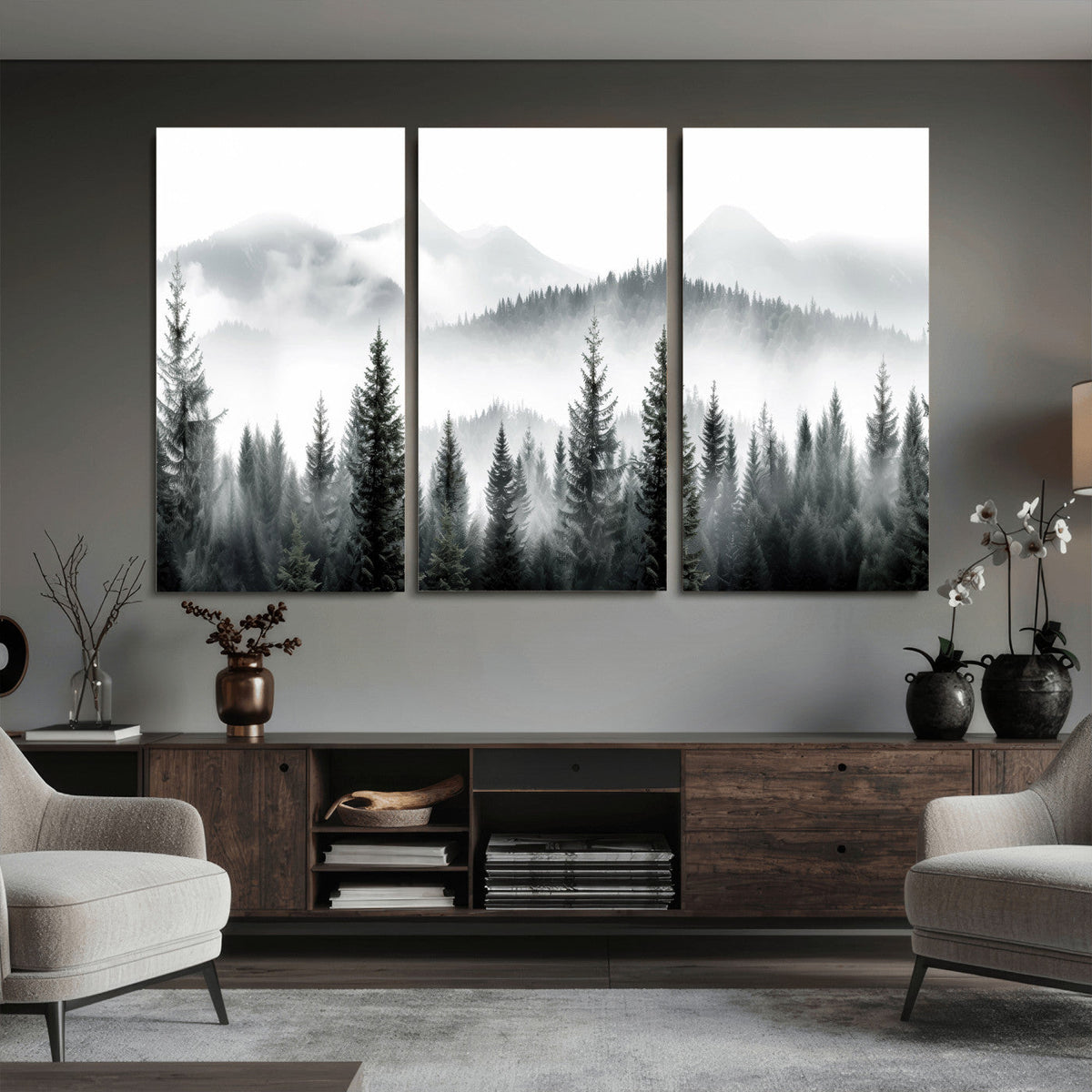 Misty Pine Forest Mountain Landscape Wall Art Canvas Print