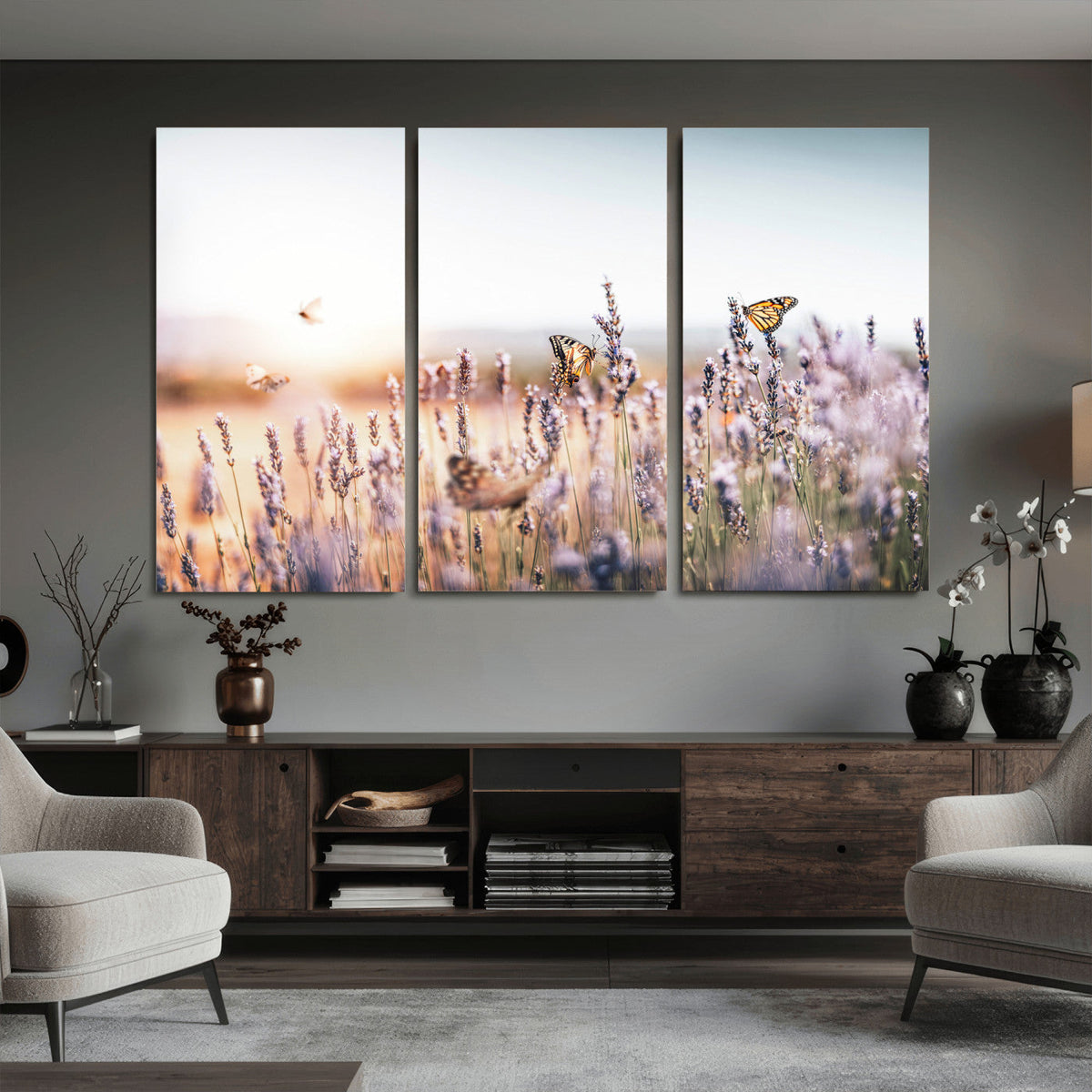 Lavender Field Wall Art Canvas Print, Butterfly Floral