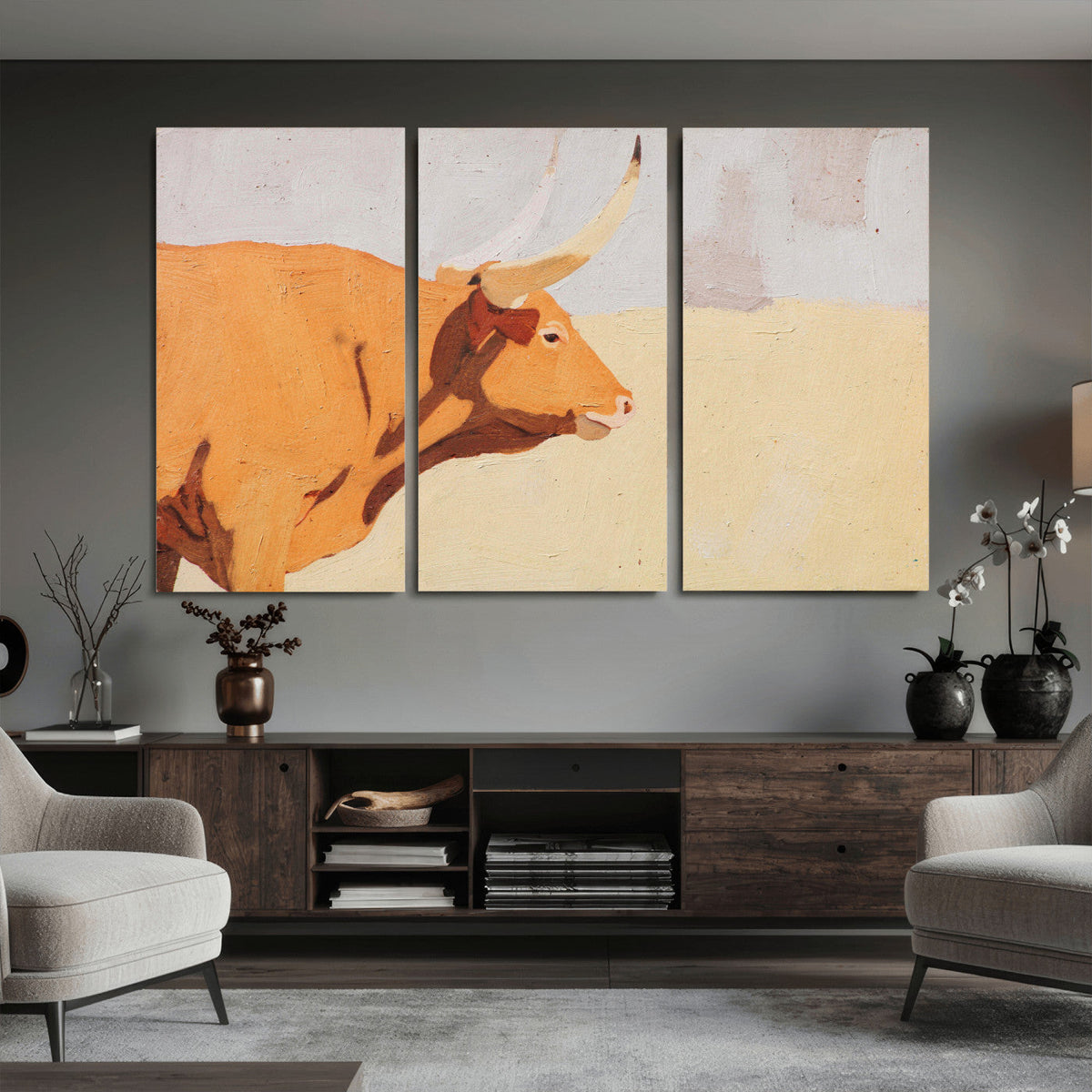 Minimal Longhorn Bull Wall Art Canvas Print, Neutral Western