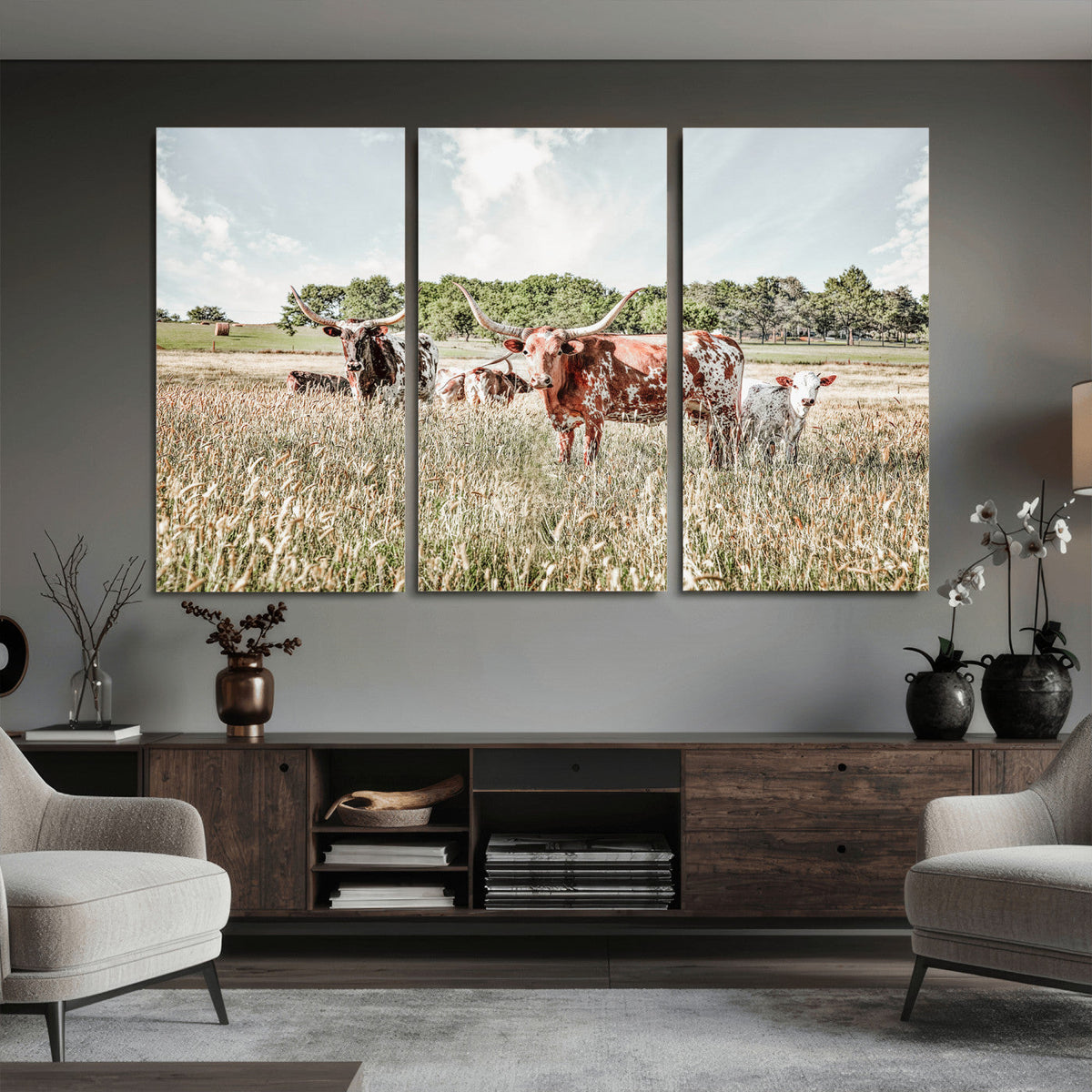 Texas Longhorn Cattle Wall Art Canvas Print, Rustic Ranch