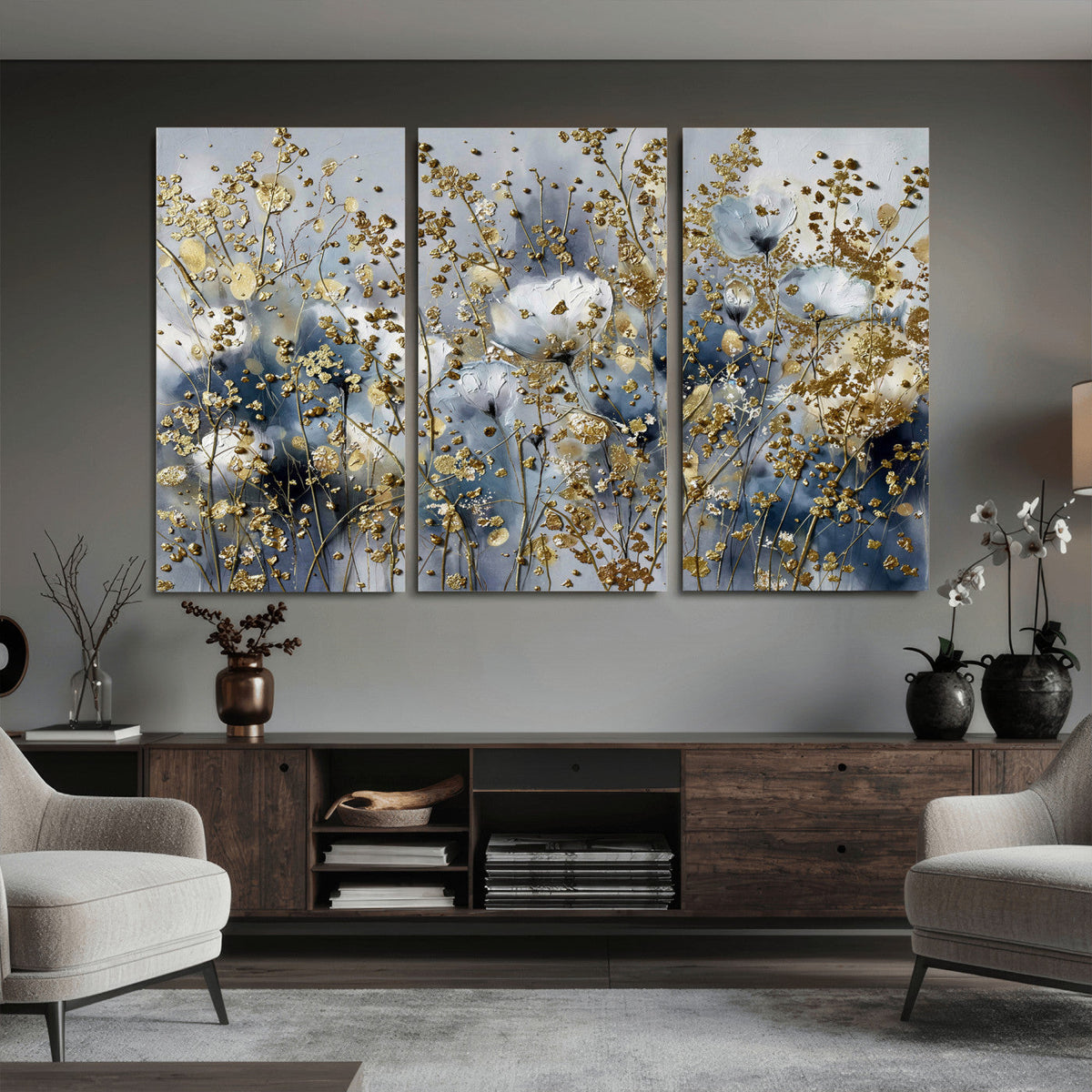 Abstract Floral Wall Art Canvas Print – Gold and Blue