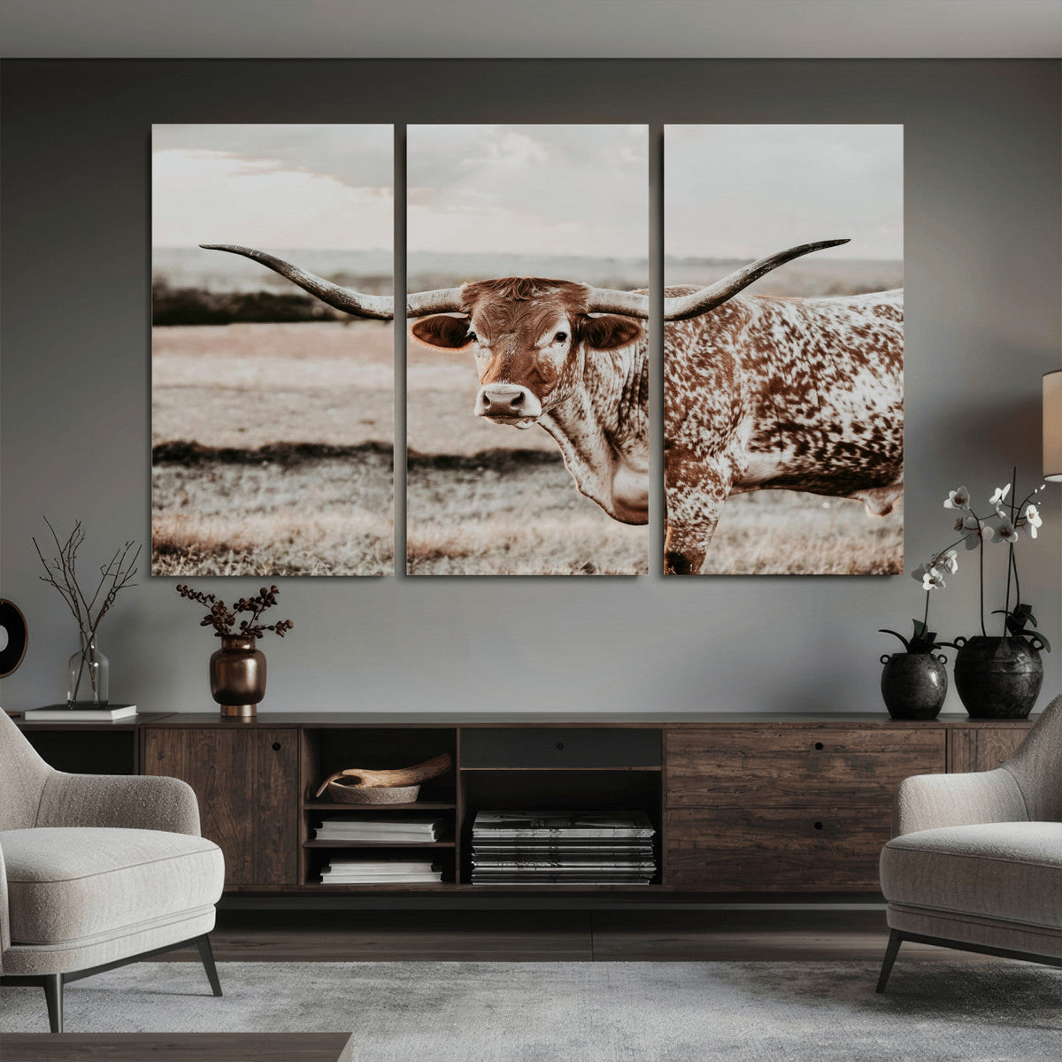 Texas Longhorn Bull Rustic Wall Art Canvas Print