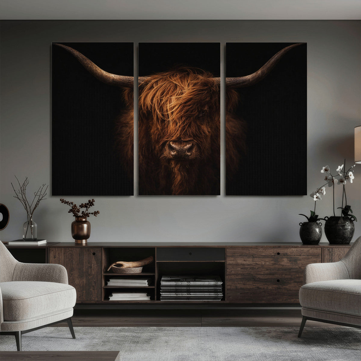 Highland Cow Wall Art Canvas Print – Moody Dark Rustic