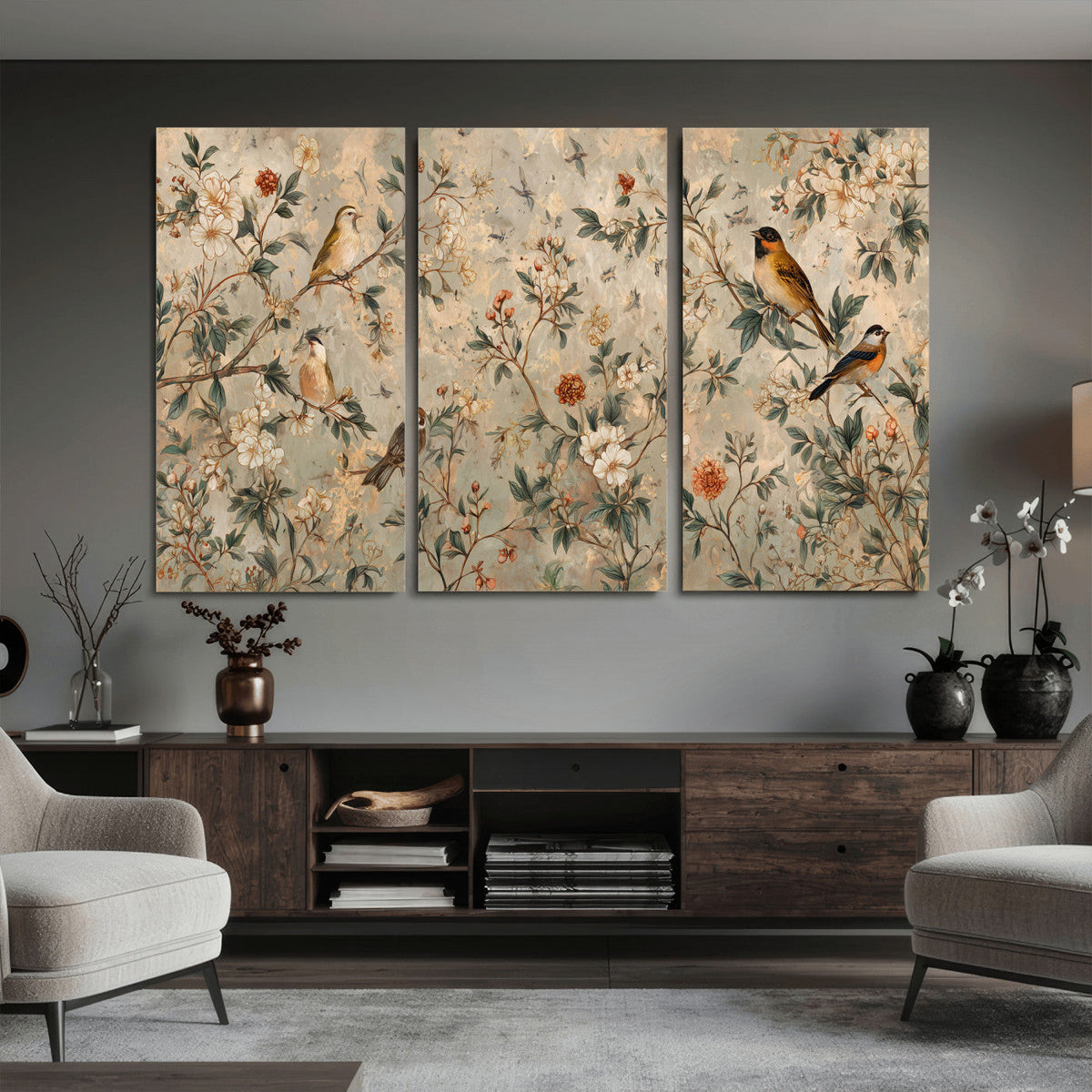 Vintage Birds and Flowers Wall Art Canvas Print, Botanical