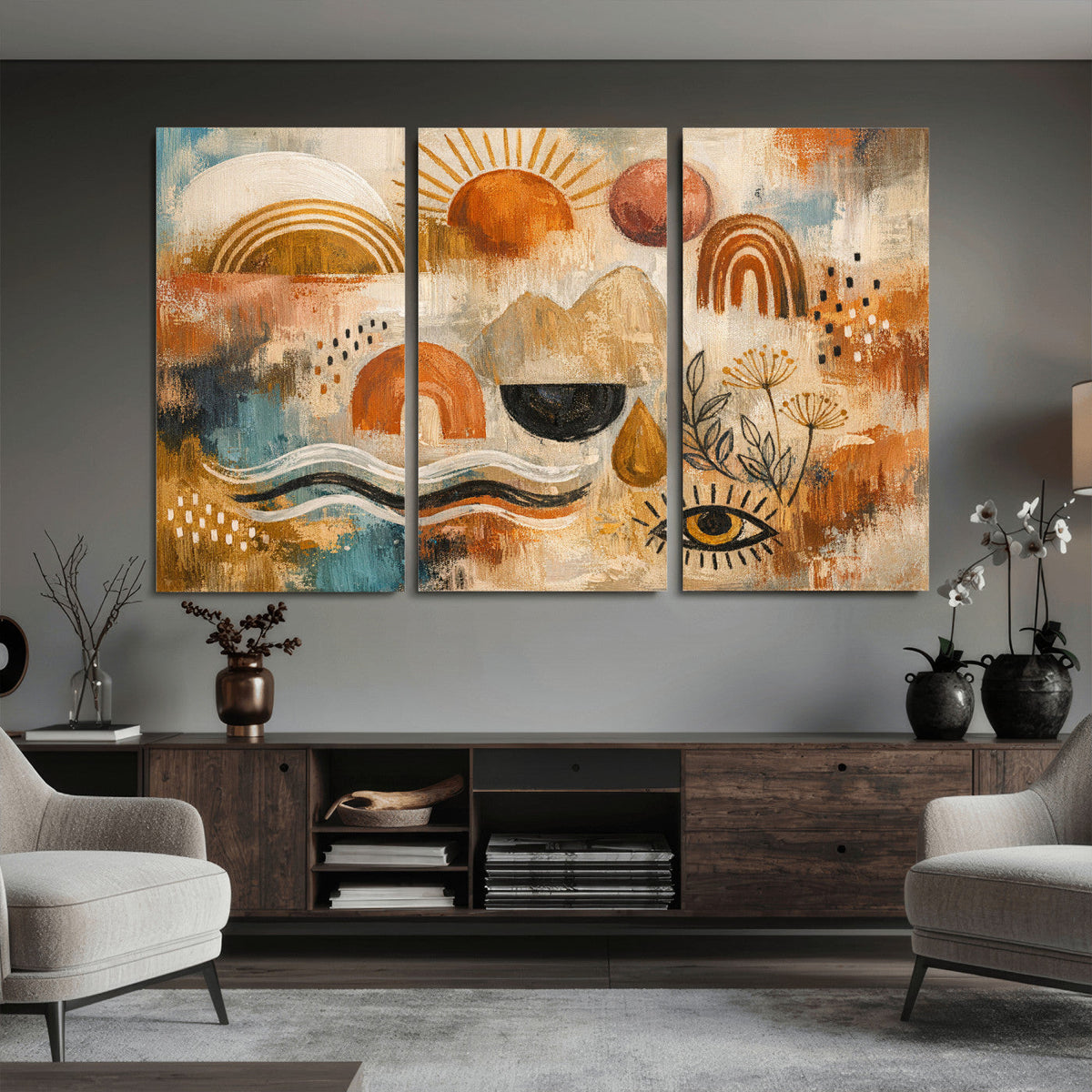 Geometric Boho Abstract Wall Art Canvas Print, Orange Blue