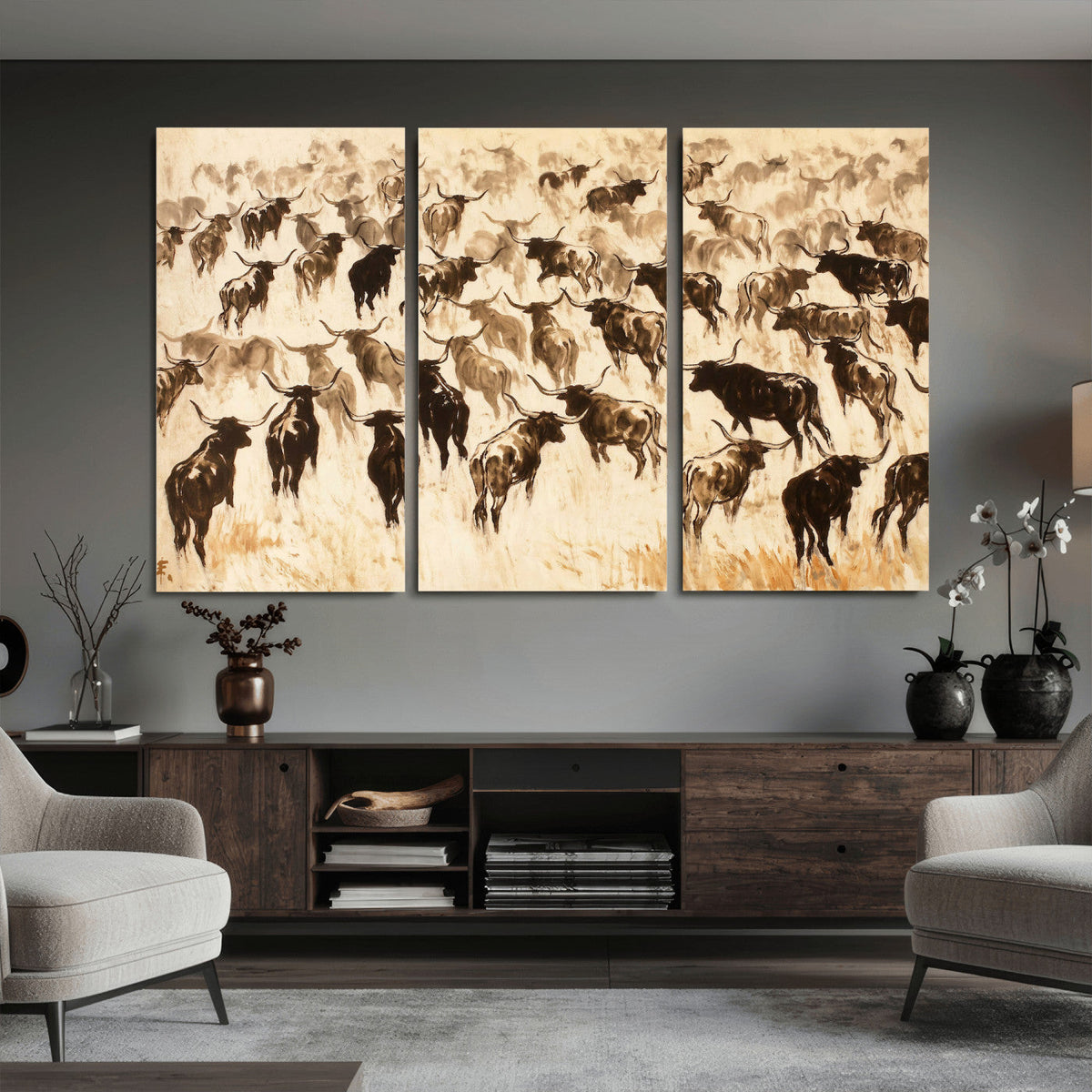 Texas Longhorn Sepia Canvas Wall Art, Western Cattle