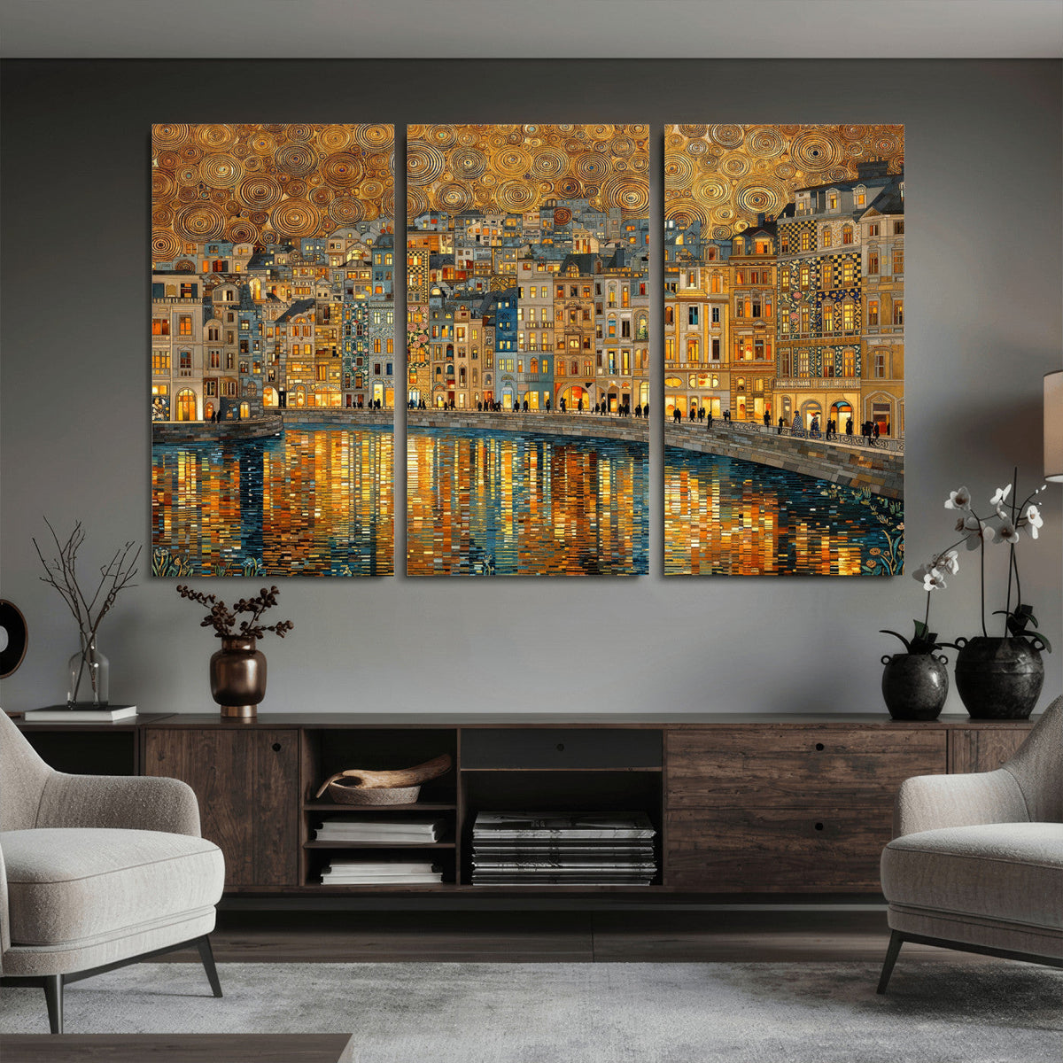 Gustav Klimt Golden Cityscape Wall Art Canvas Print, Framed
