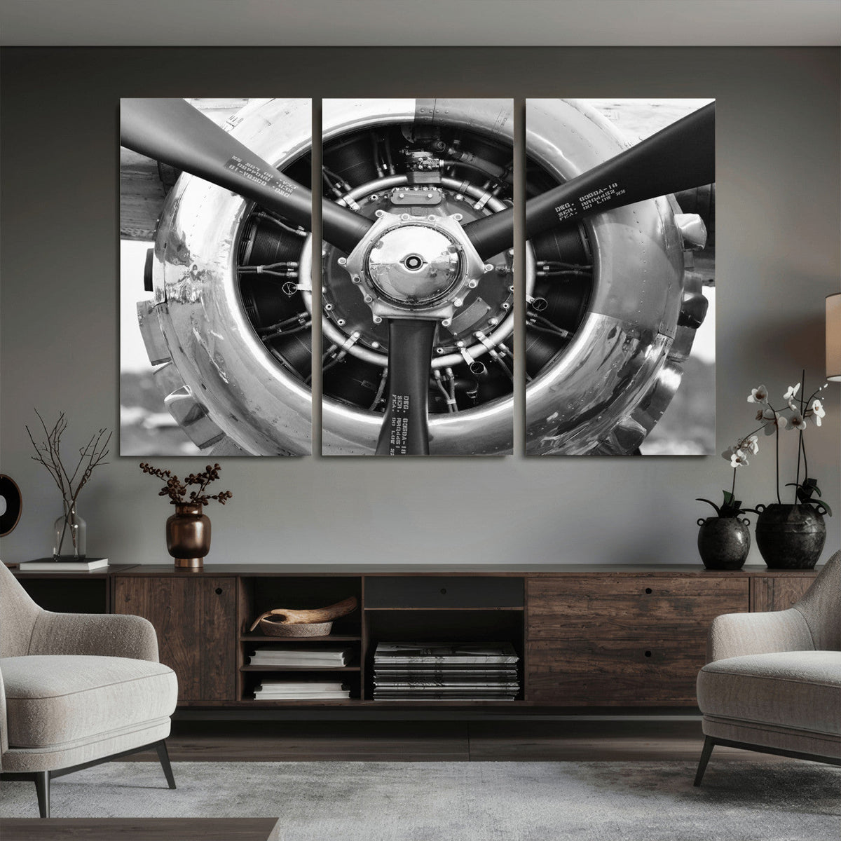 Vintage Propeller Plane Wall Art Canvas Print, Black and