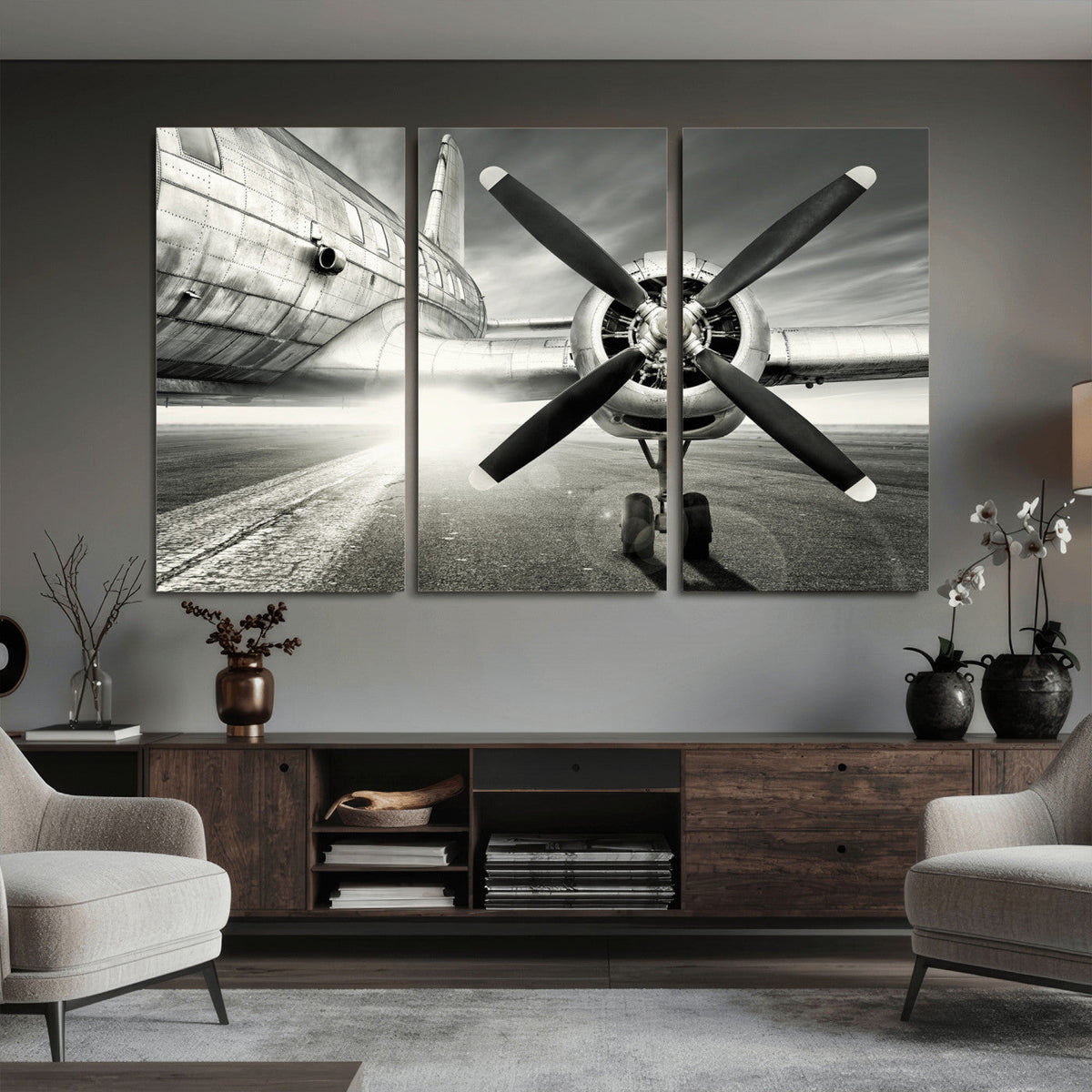 Vintage Airplane Wall Art Canvas Print, Black and White