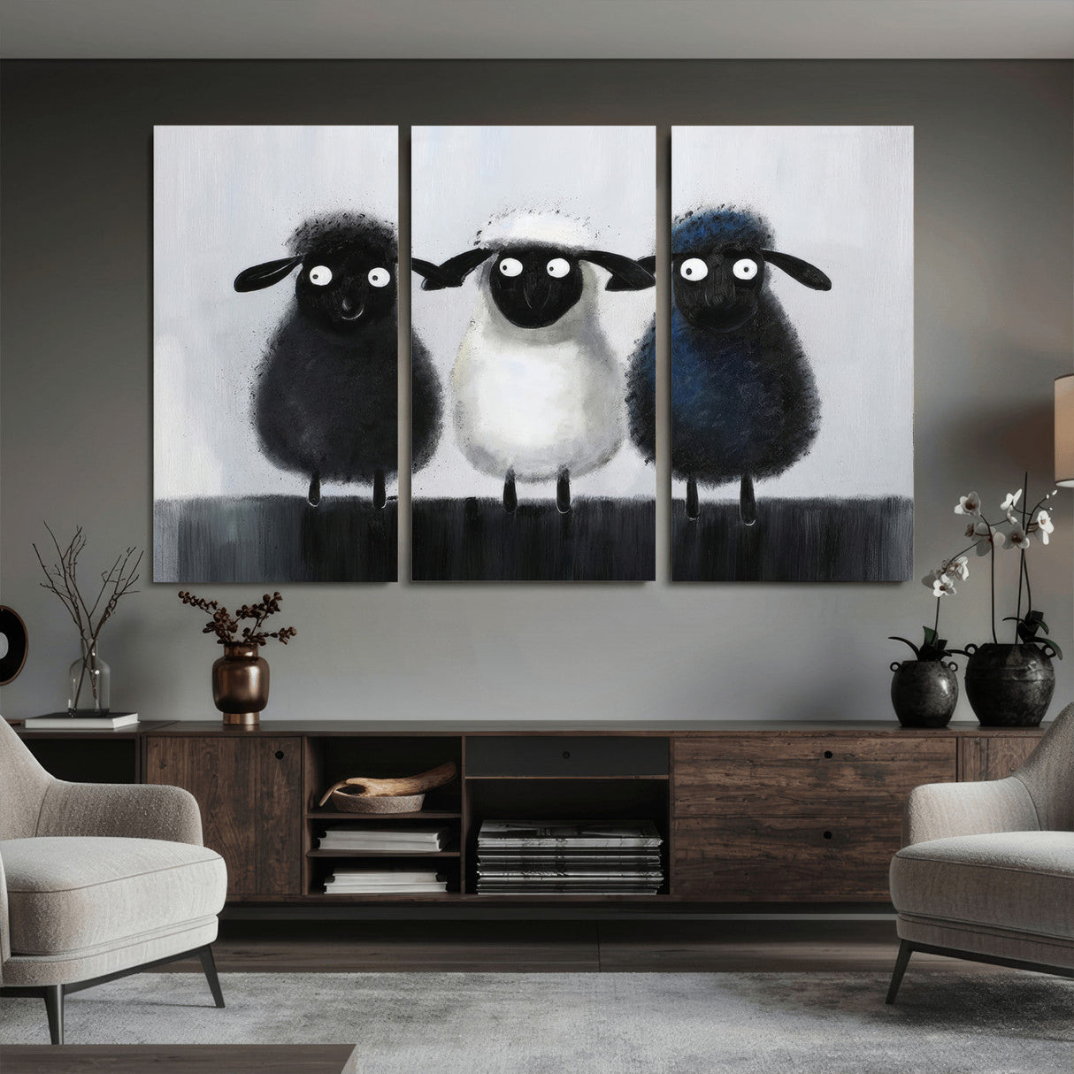 Funny Sheep Canvas Wall Art, Three Quirky Sheep Painting Print, Cute Animal Nursery Decor, Black White Navy Farmhouse Art, Kids Room Gift