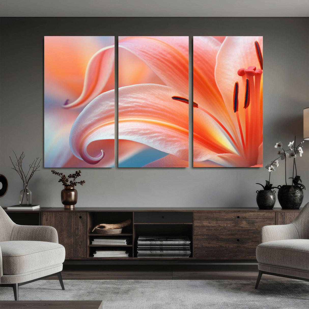 Peach Lily Canvas Wall Art, Coral Pink Flower Macro Photo Print, Botanical Bedroom Decor, Soft Floral Photography, Living Room Wall Art