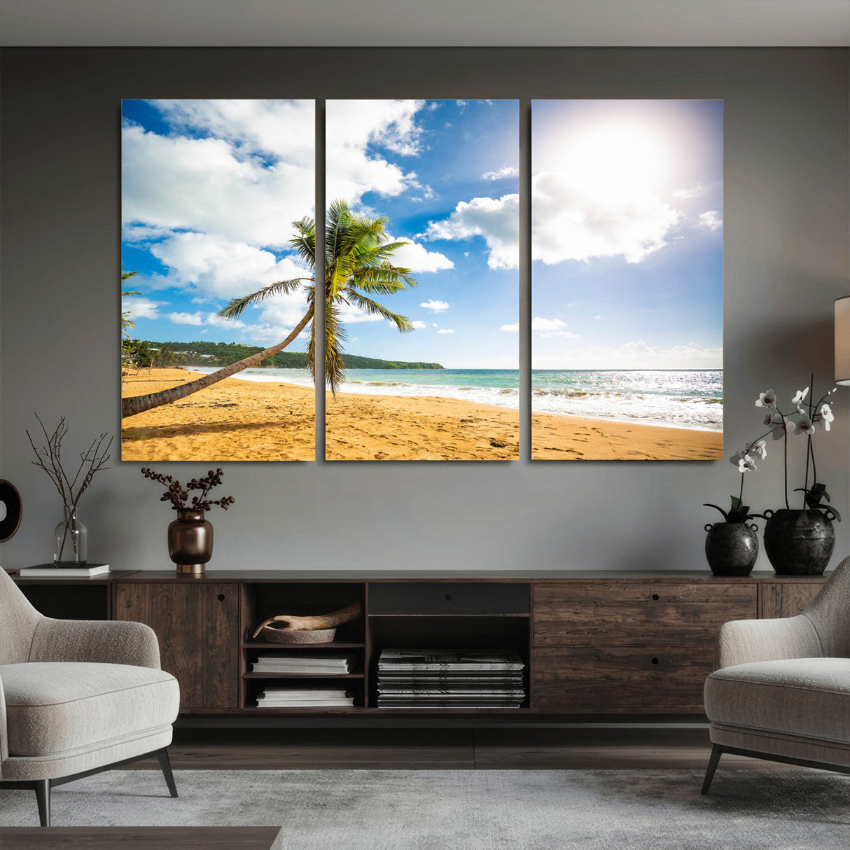 Tropical Beach Canvas Wall Art, Palm Tree Ocean Photo Print, Coastal Living Room Decor, Turquoise Sea Beach House Art, Summer Wall Art