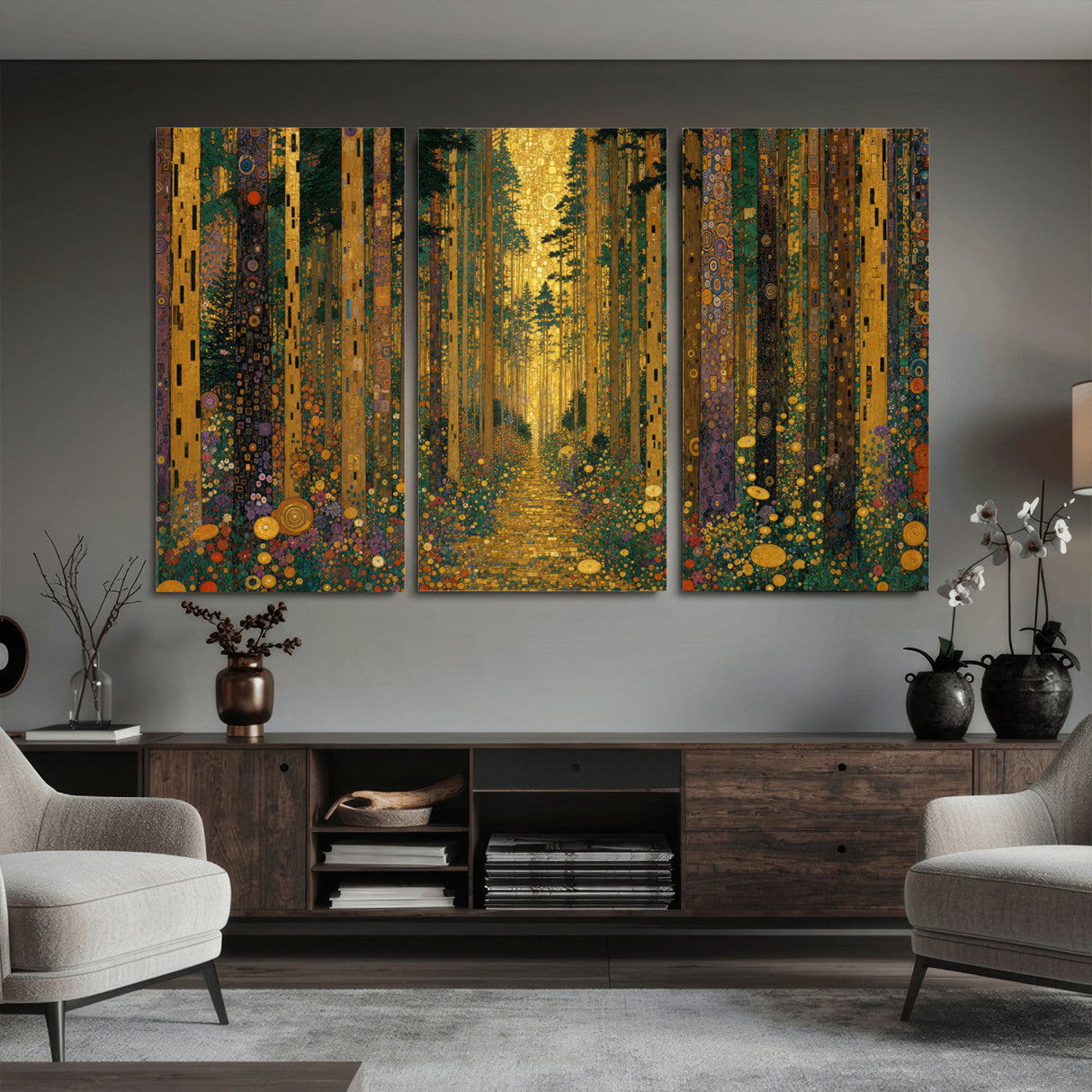 Gustav Klimt Style Forest Canvas Wall Art, Golden Forest Path Floral Art Nouveau Print, Enchanted Woodland Decor