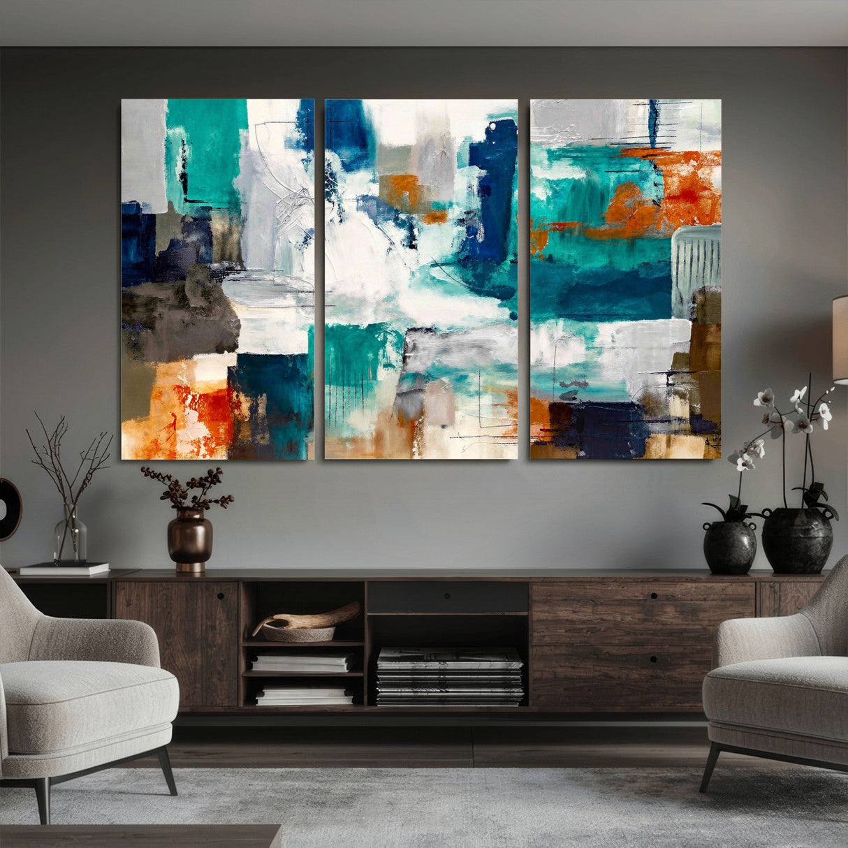Blue Teal Abstract Canvas Wall Art, Modern Textured Painting Print, Navy Orange White Contemporary Art, Neutral Living Room Decor, Office Art