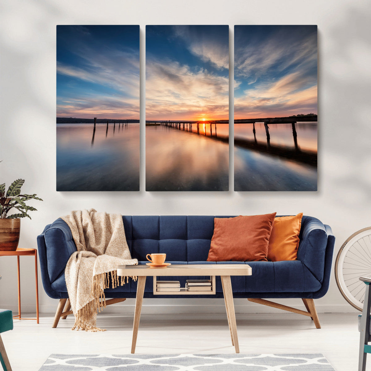 Wooden Pier on Seascape and Sunset Wall Art Canvas Print