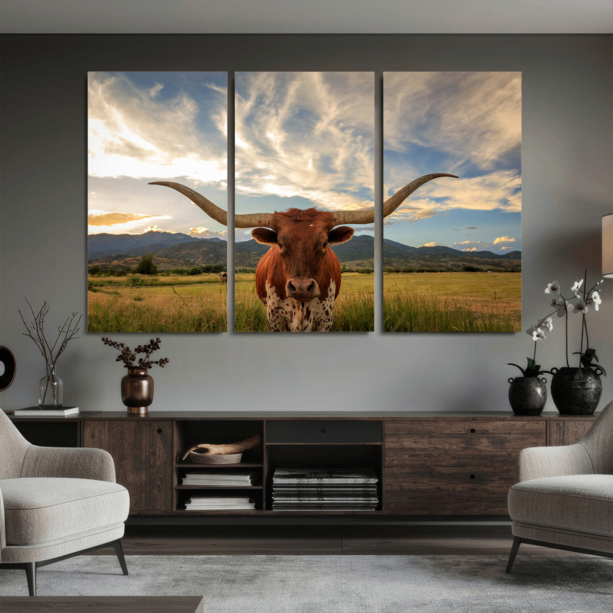 Texas Longhorn Canvas Wall Art – Majestic Triptych Animal