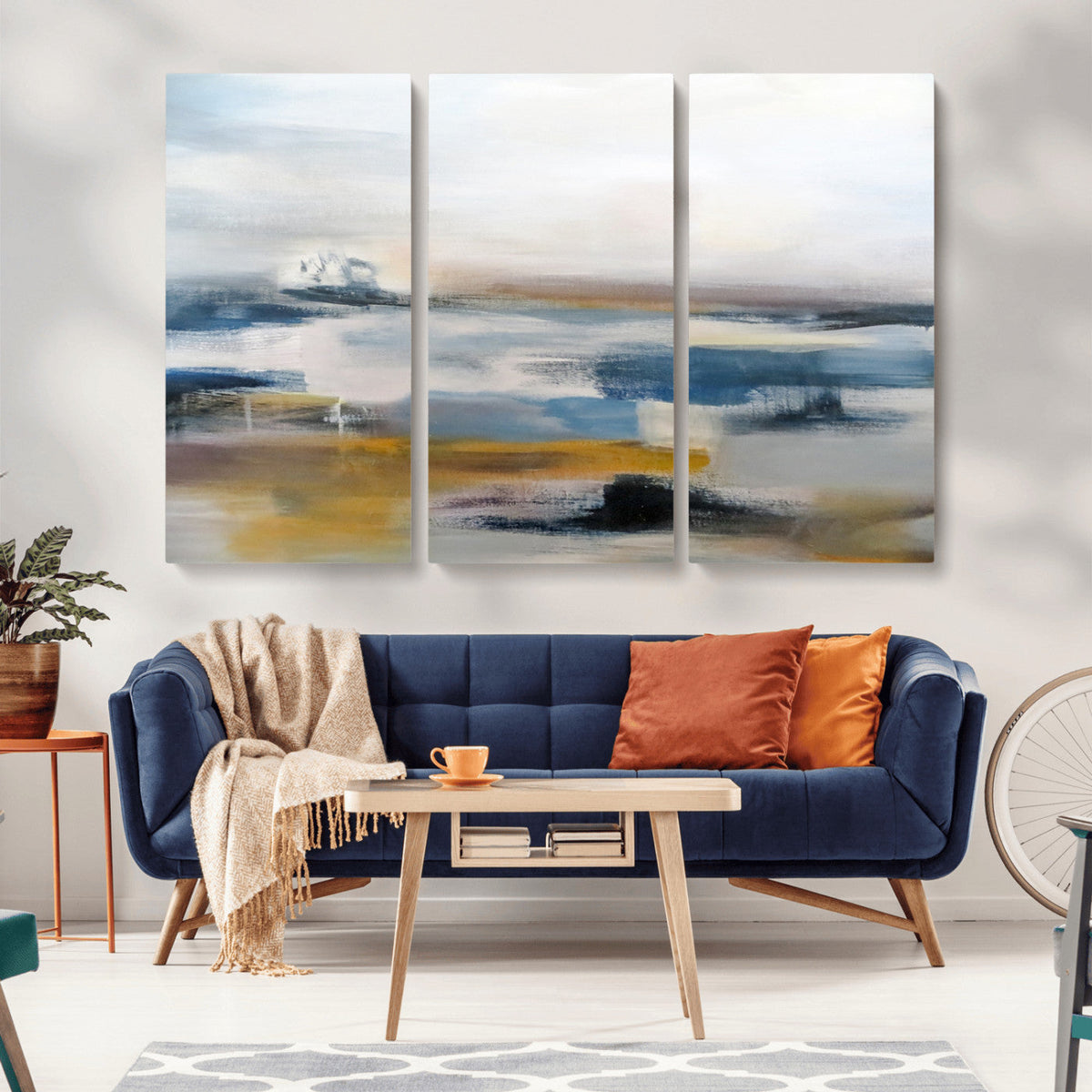 Abstract Landscape Wall Art Canvas | 3 Panel Modern Blue,