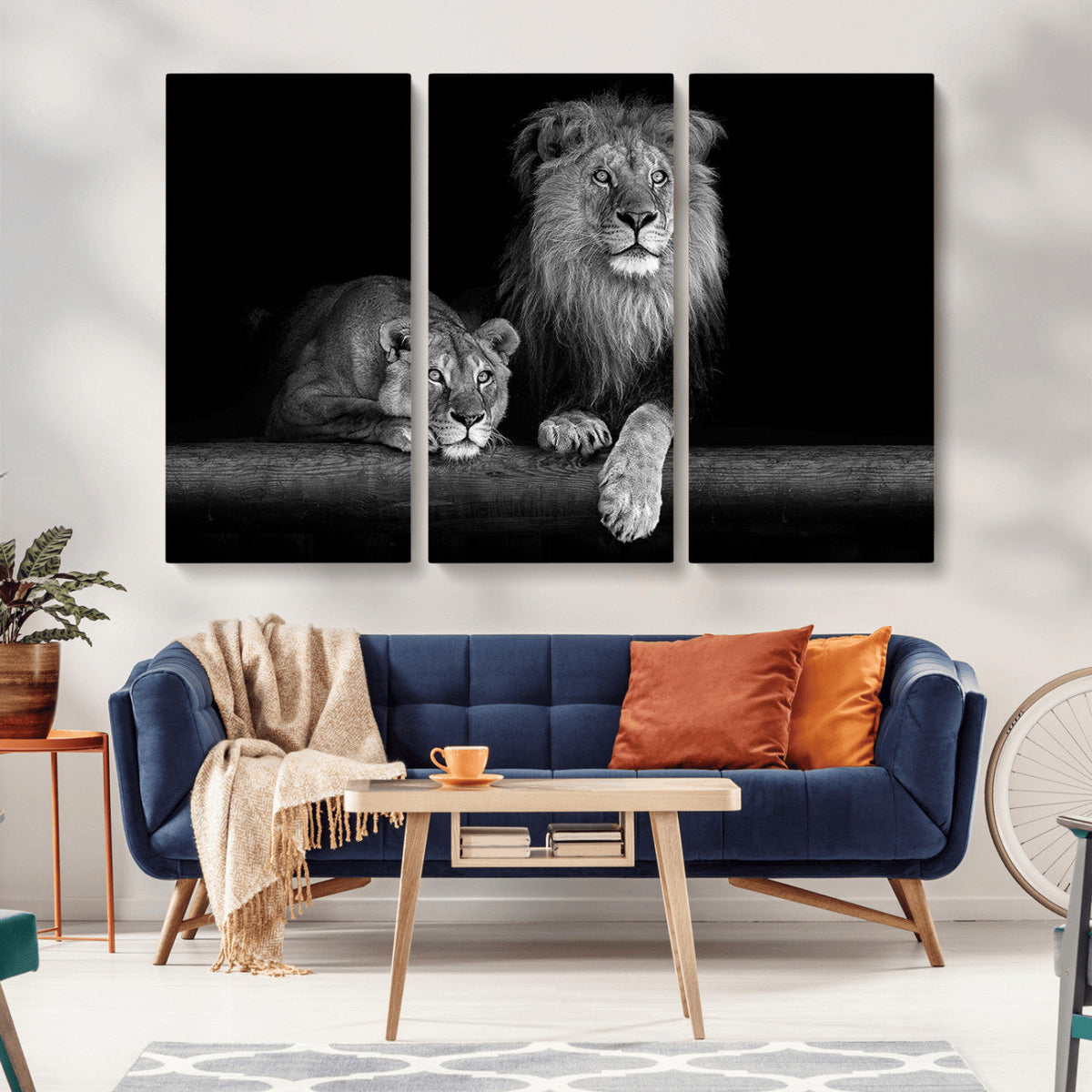 Large Black and White Lion Couple Wall Art Canvas Print –