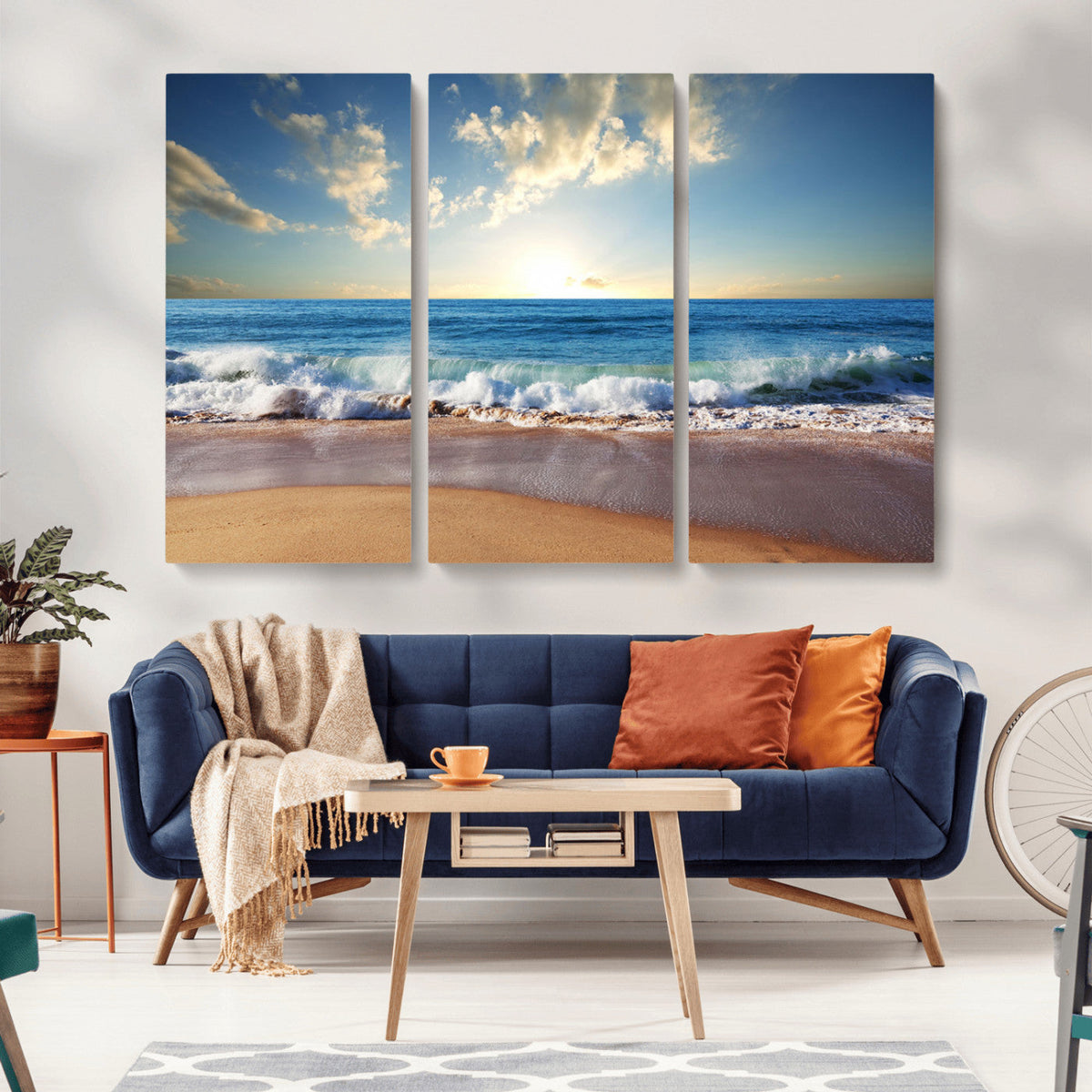 Serene Ocean Sunset Canvas Wall Art - Beach Waves at Sunset,
