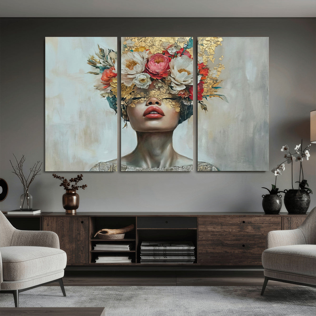 Golden Petal Wall Art Canvas Print - Silhouette Woman Wall